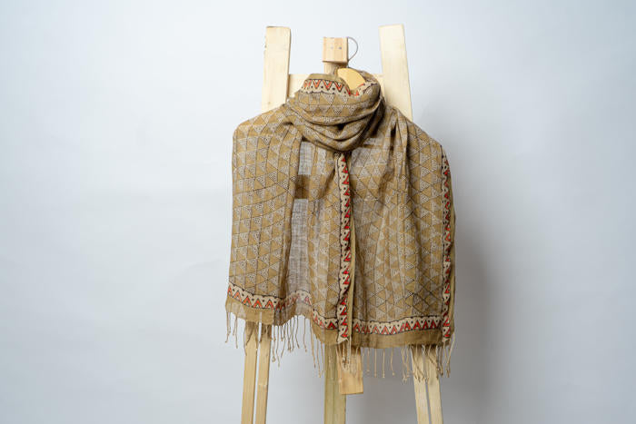 Handwoven Stole with Geometric Triangle Patterns, Natural Dyes, and Dark-Accented Decorative Borders