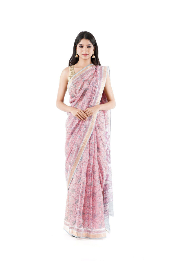 Elegant hand woven Kota Doria saree set in soft maroon gray floral design with light golden and pink border