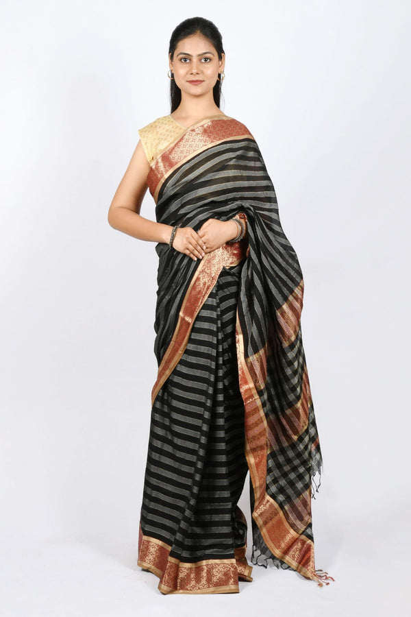 Beautiful Black Color Pure Cotton and Silk Handloom Maheshwari Saree with Stripes and Checks Work on Pallu