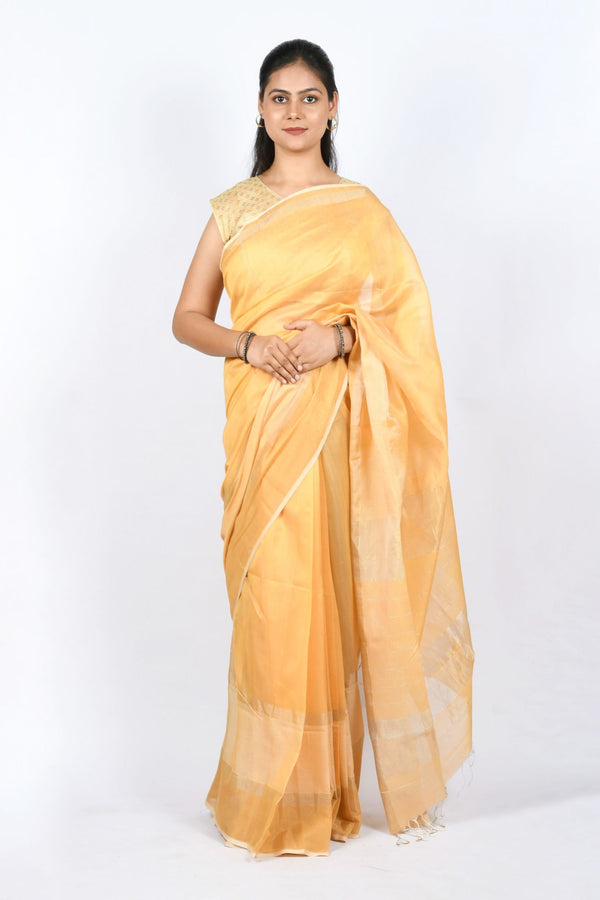 Beautiful Gold Color Pure Cotton and Silk Handloom Maheshwari Saree with Stripes Work on Pallu