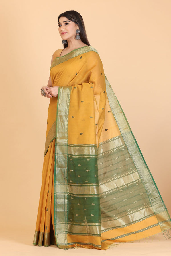 Gold with Green Border Tilak Buti Maheshwari Cotton and Silk Saree