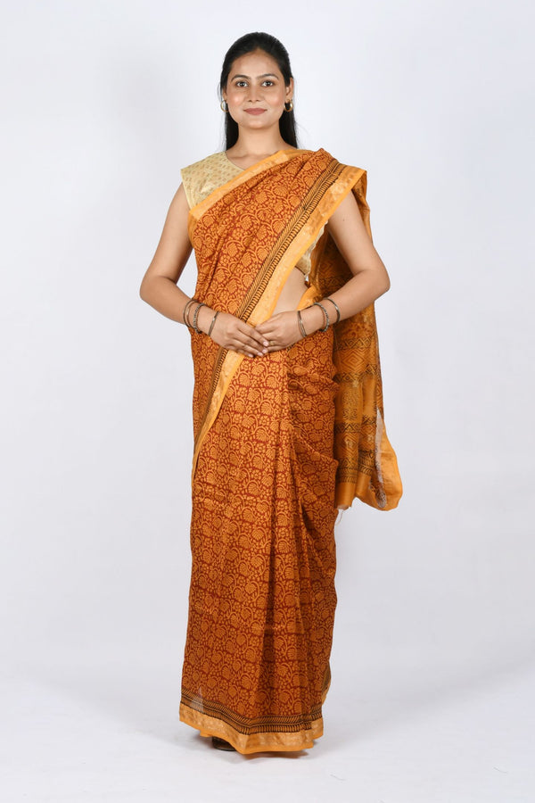 Orange Color Pure Handwoven with Flower Motif Bagh Print Maheshwari Handloom Cotton & Silk Saree