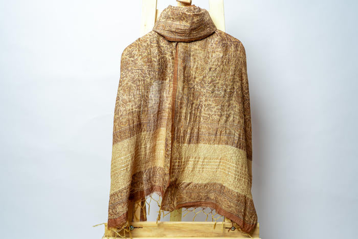 Handwoven Stole with Intricate Floral Patterns, Natural Dyes, and Broad Contrasting Striped Borders
