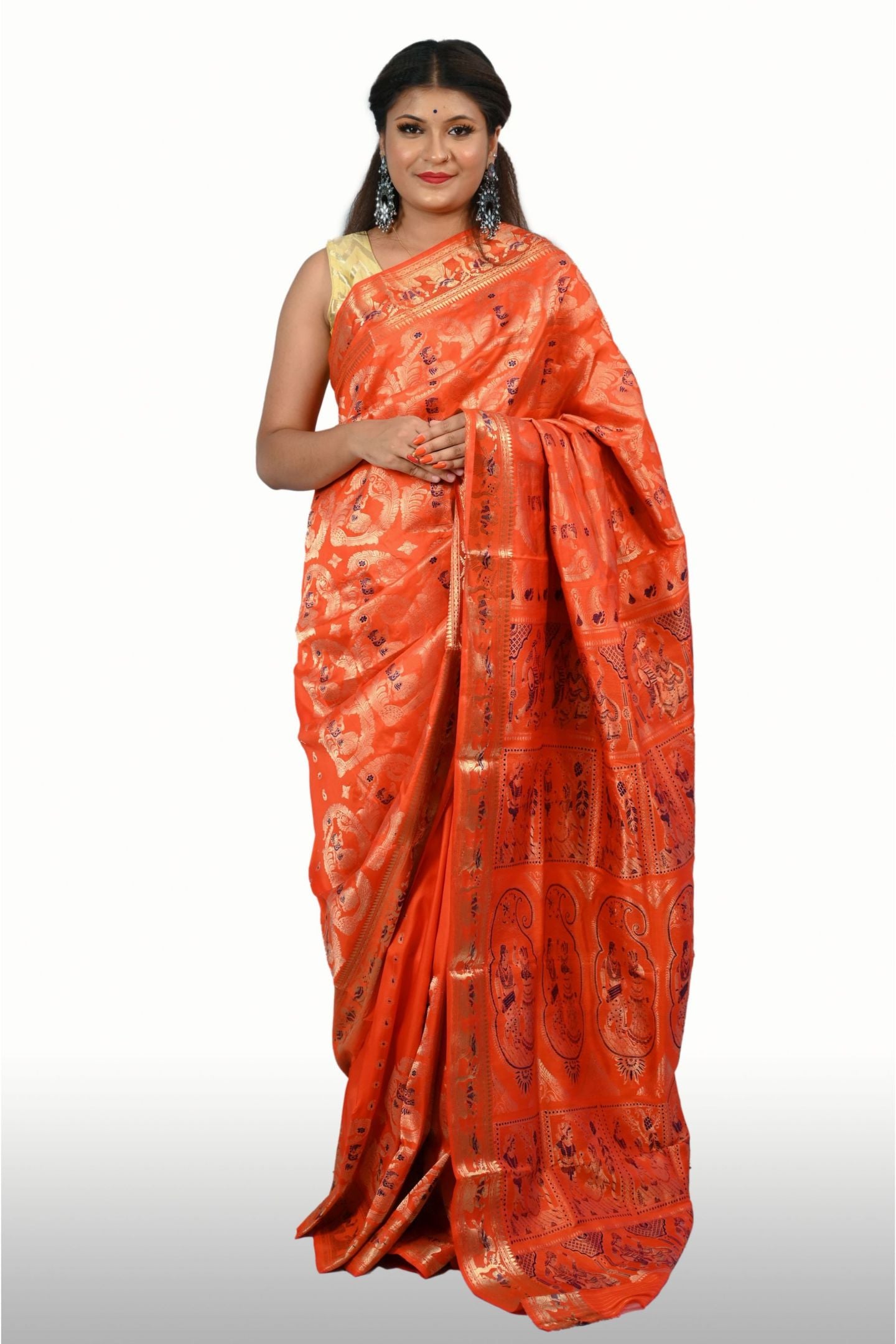 Gold Zari Orange Color Baluchari Saree with Temple Design