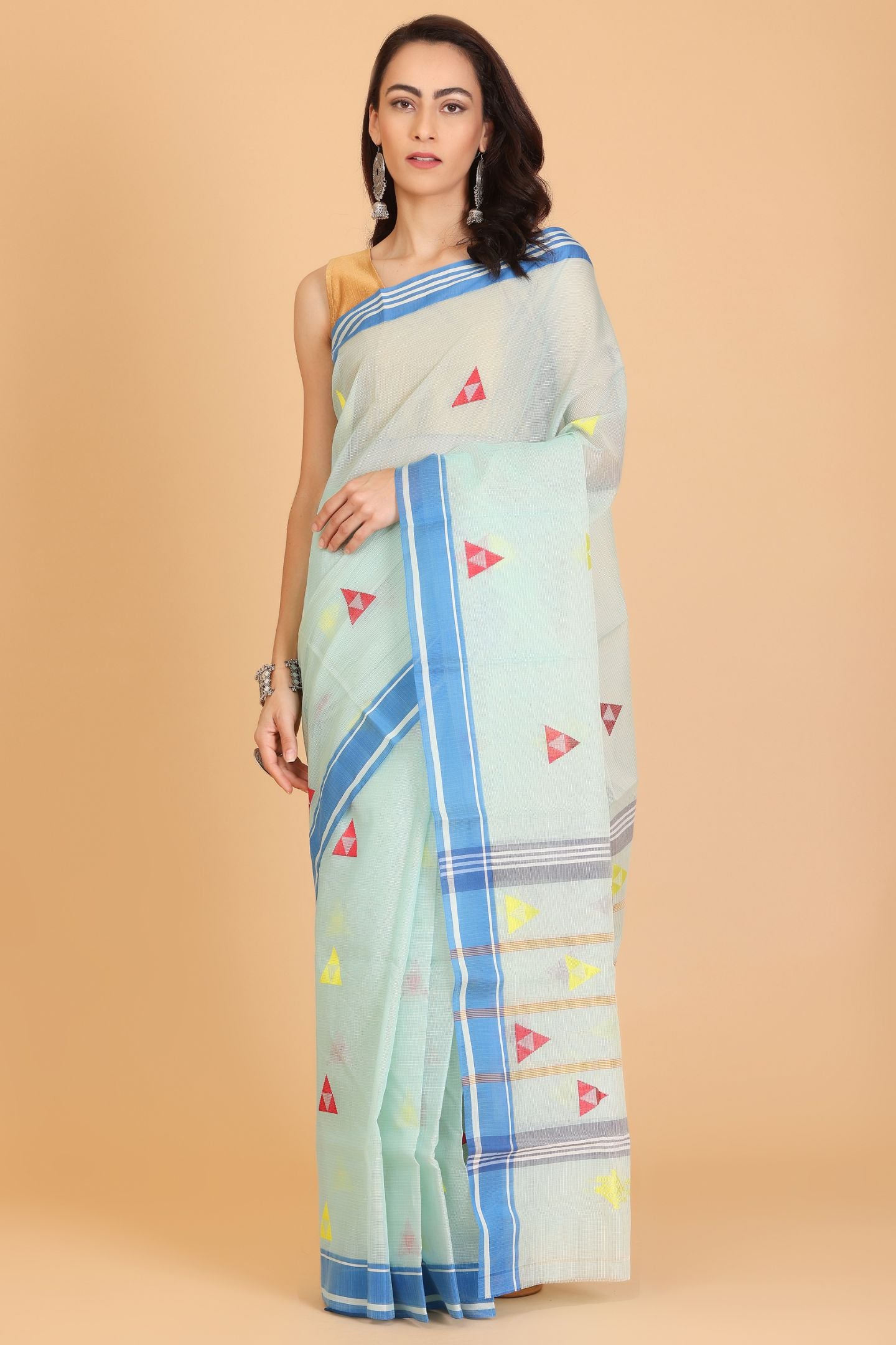 Blue Handwoven Kota Doria Cotton Saree with Multicolor Geometric Motif