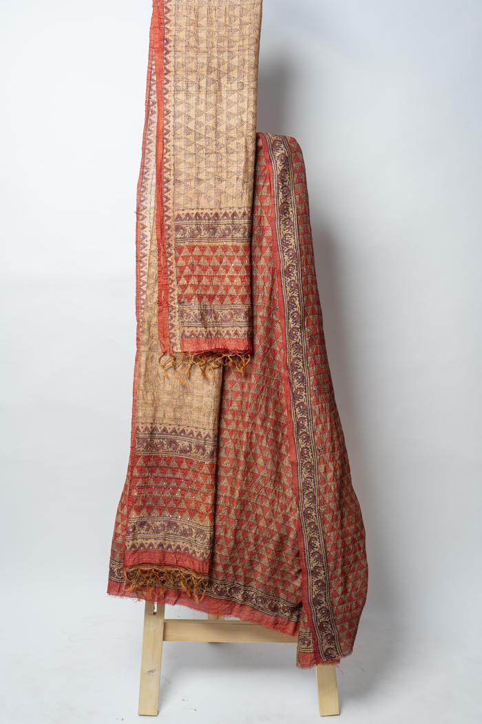 Geometric Block Printed Suit with Ornate Detailing and Elegant Handcrafted Dupatta