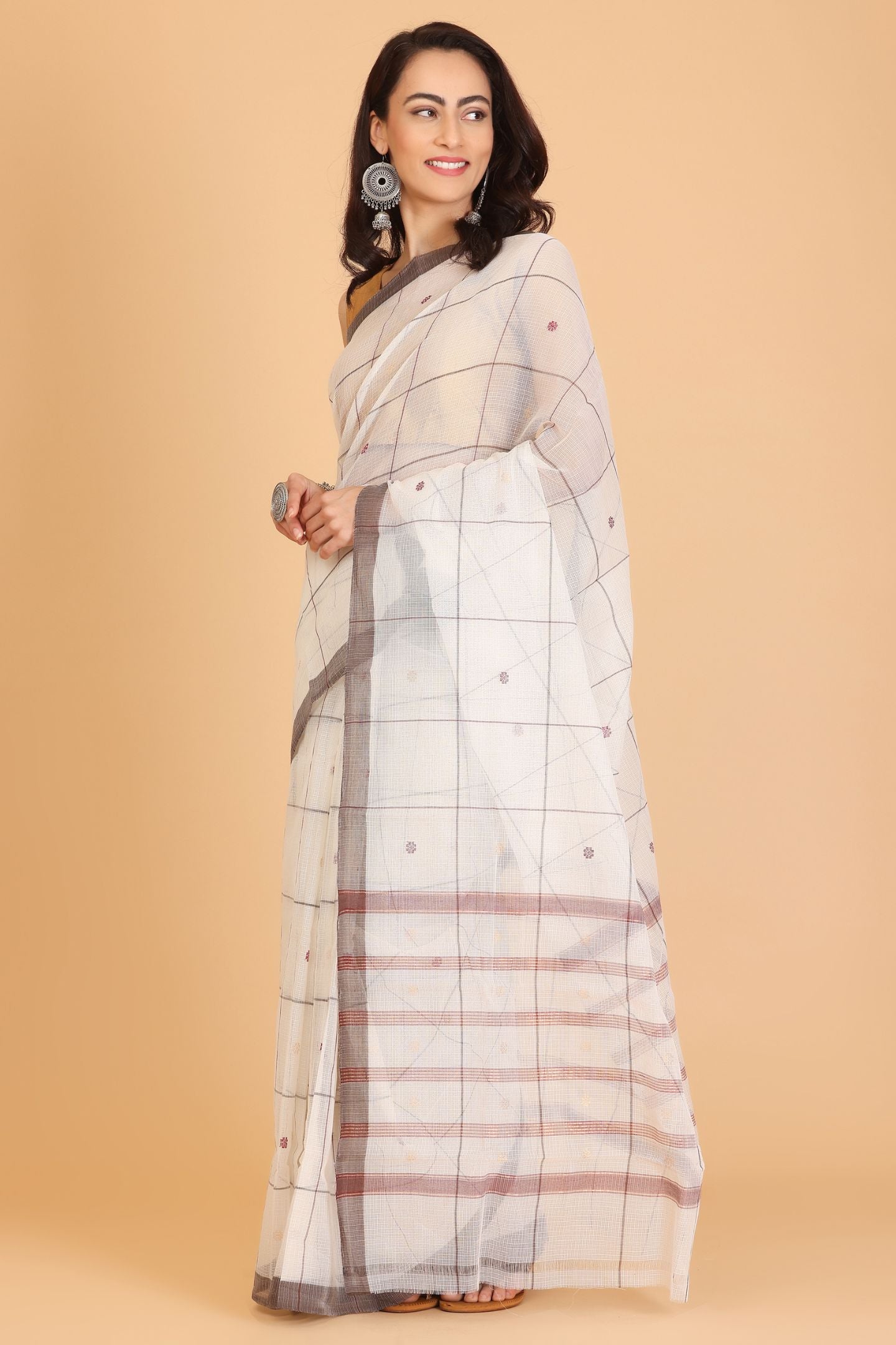 White Handwoven Kota Doria Cotton Saree with Small Grey Buti