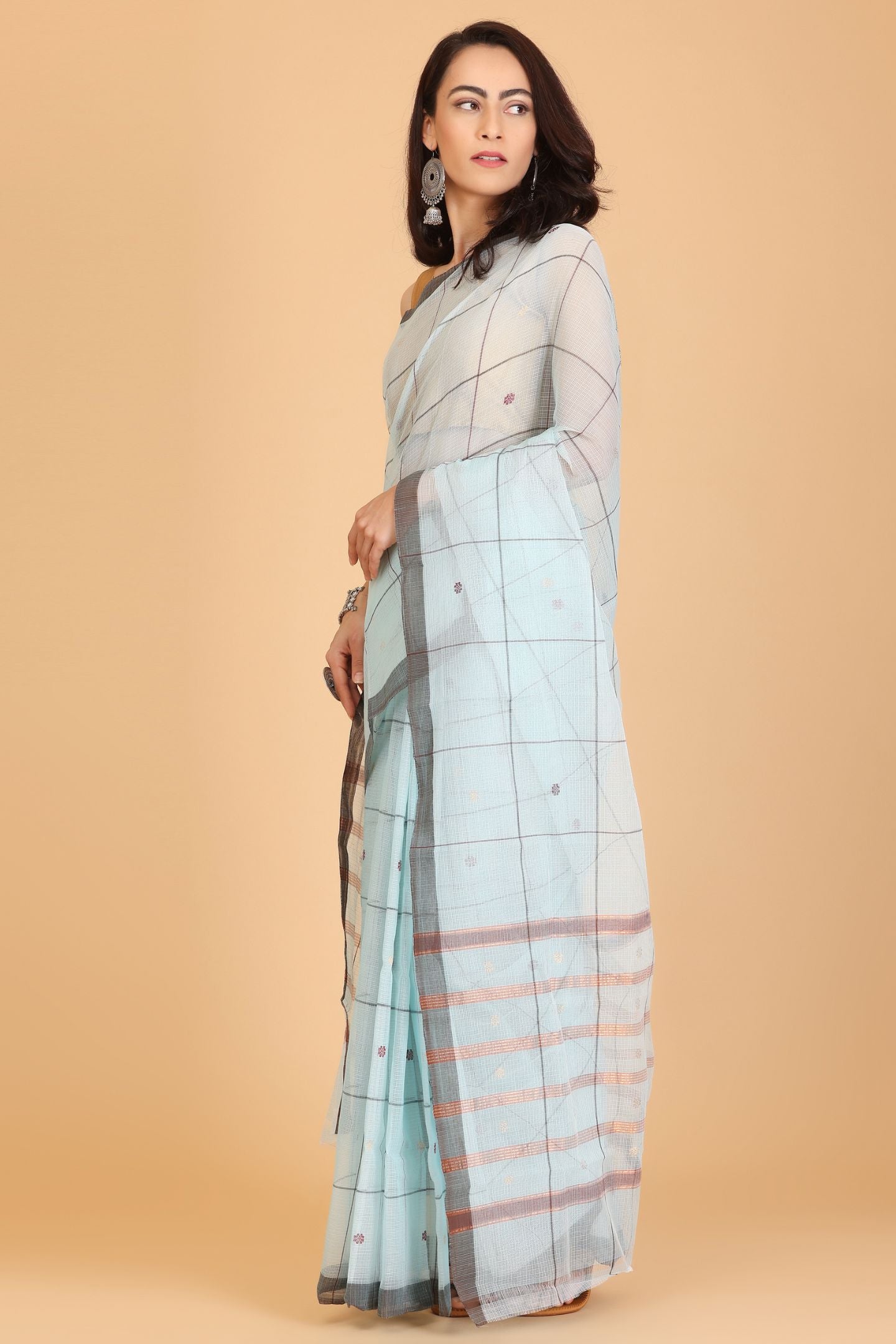 Light Blue Handwoven Kota Doria Cotton Saree with Small Buti