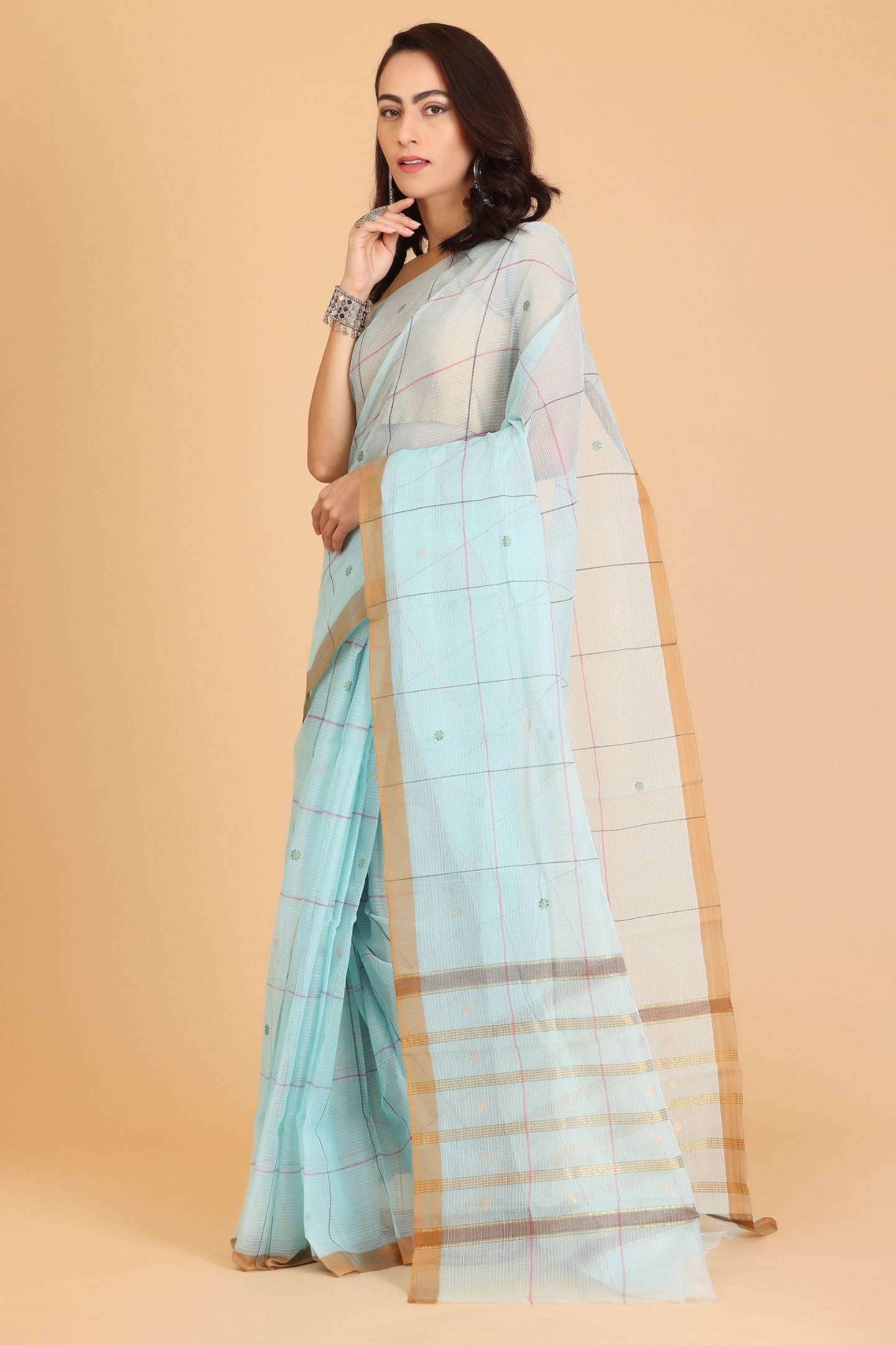 Blue Handwoven Kota Doria Cotton Saree with Small Buti