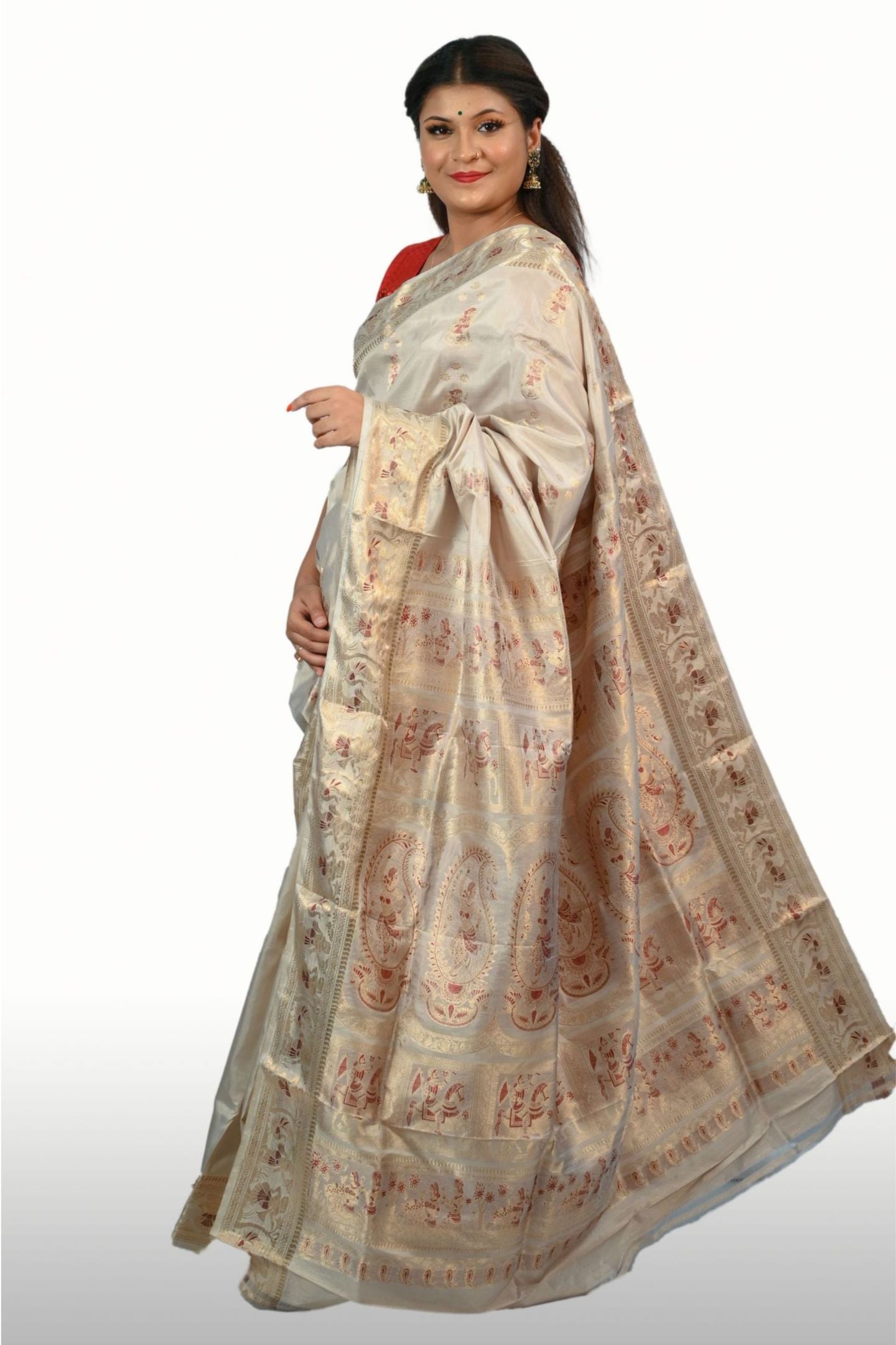 Silk and Gold Zari Mina Off White Baluchari Saree