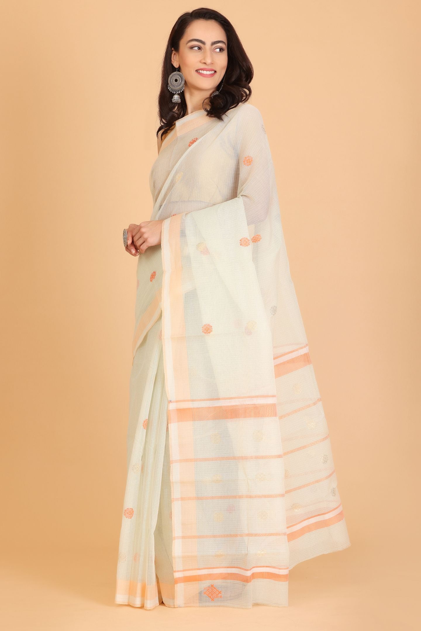 Light Green Handwoven Kota Doria Cotton Saree with Floral Art Motif