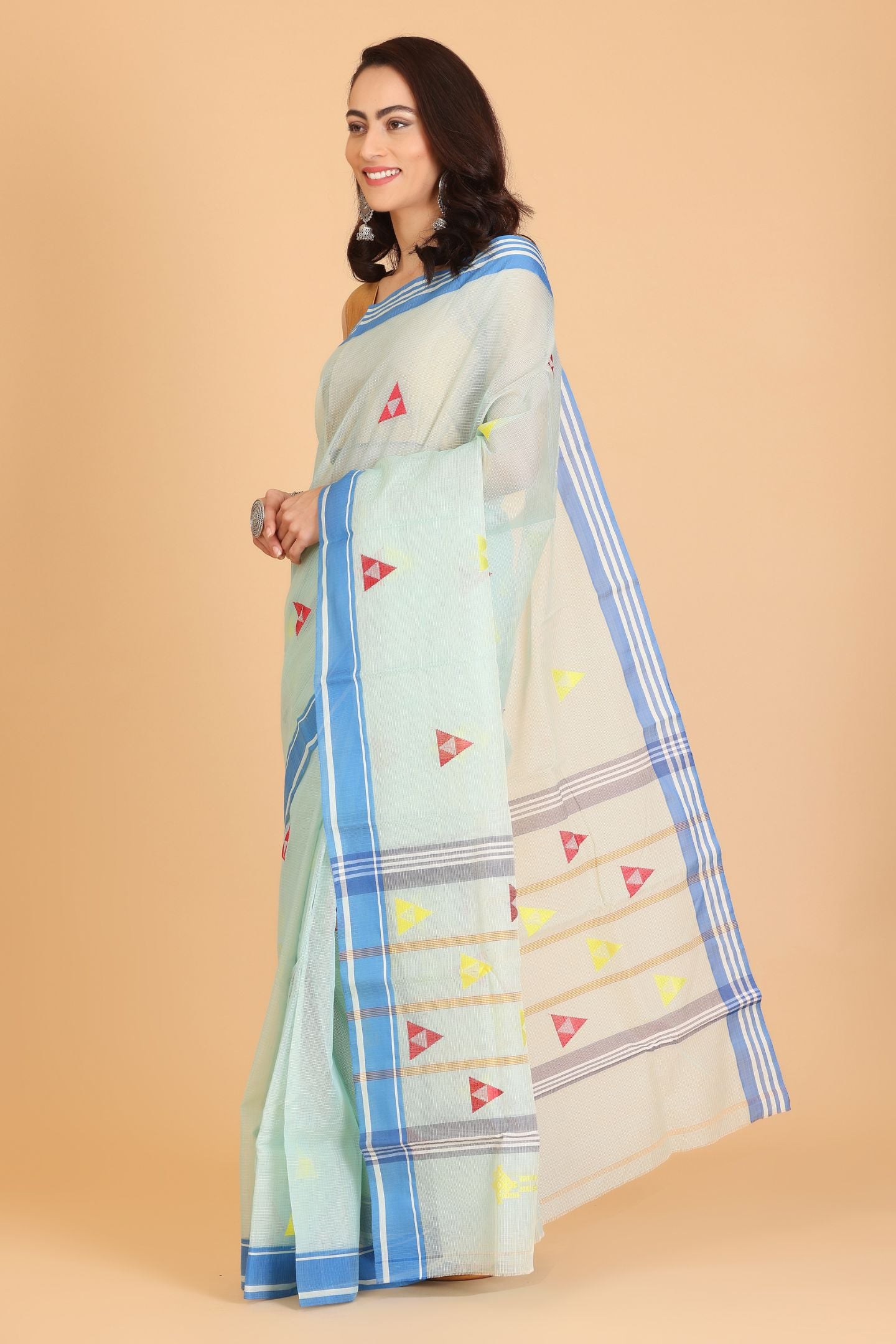 Blue Handwoven Kota Doria Cotton Saree with Multicolor Geometric Motif