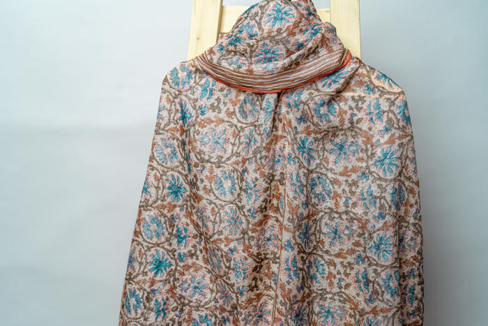 Handwoven Stole with Floral Motifs, Natural Dyes, and Ornate Striped Borders
