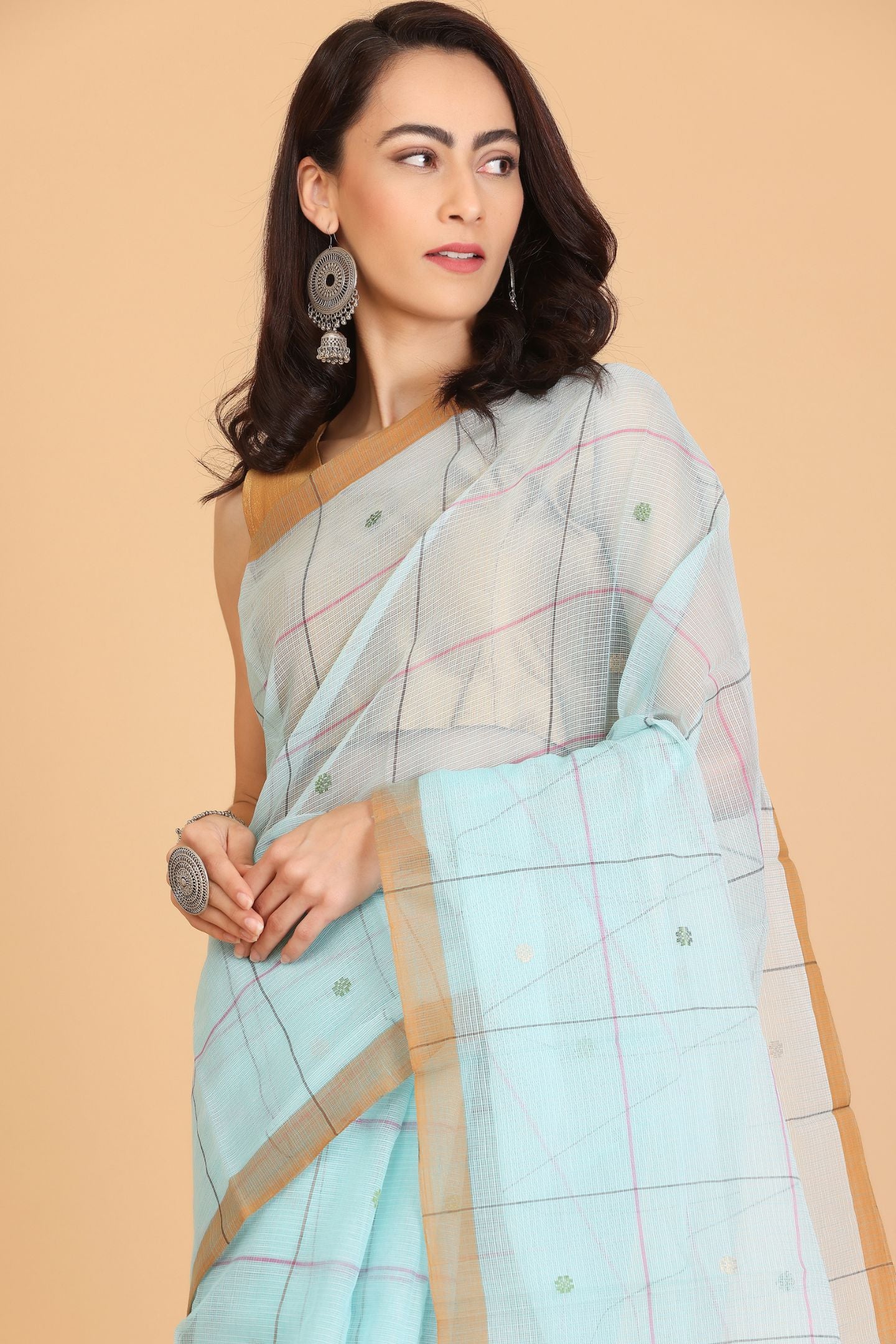 Blue Handwoven Kota Doria Cotton Saree with Small Buti