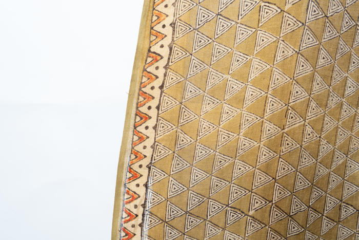 Handwoven Stole with Geometric Triangle Patterns, Natural Dyes, and Dark-Accented Decorative Borders