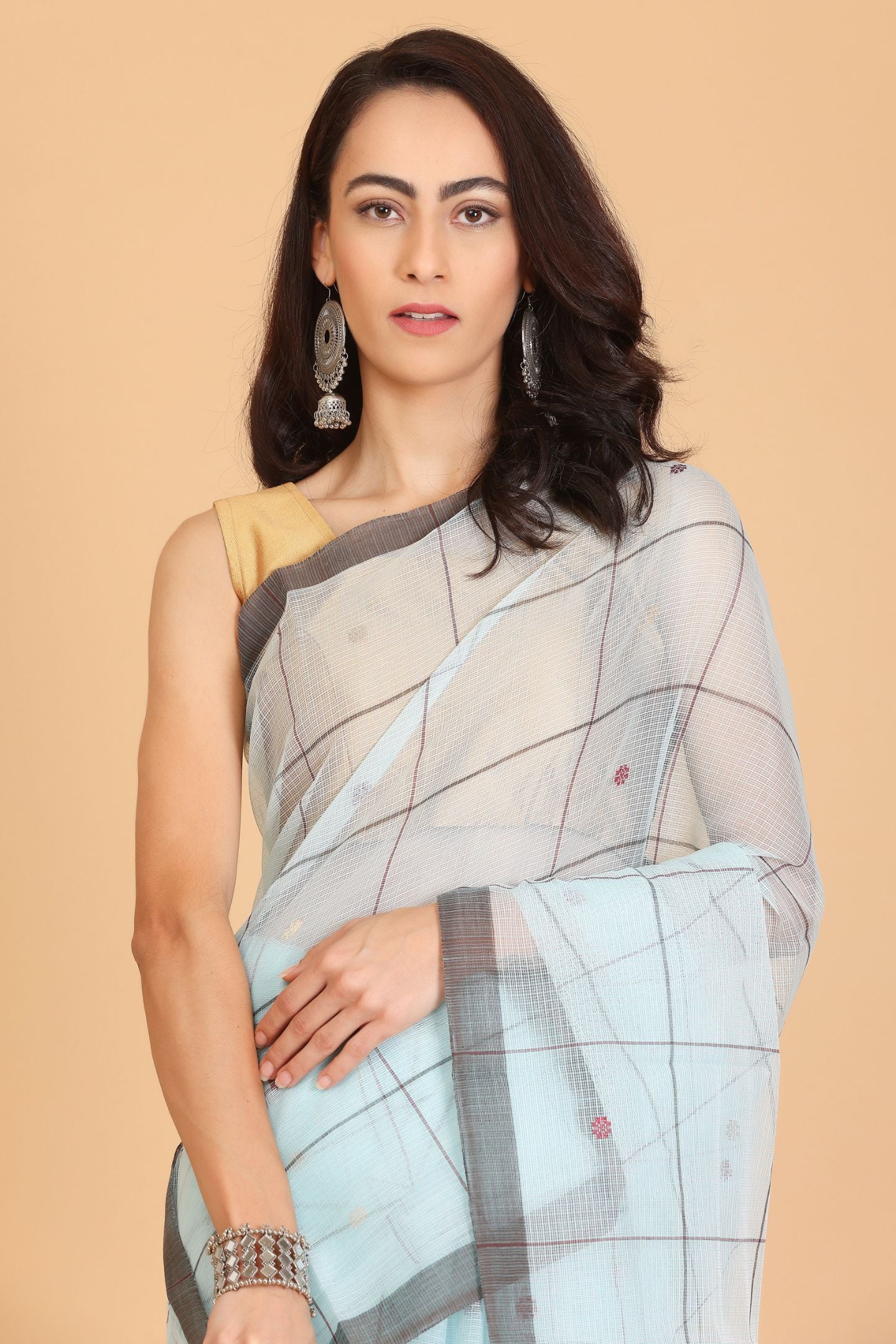 Light Blue Handwoven Kota Doria Cotton Saree with Small Buti