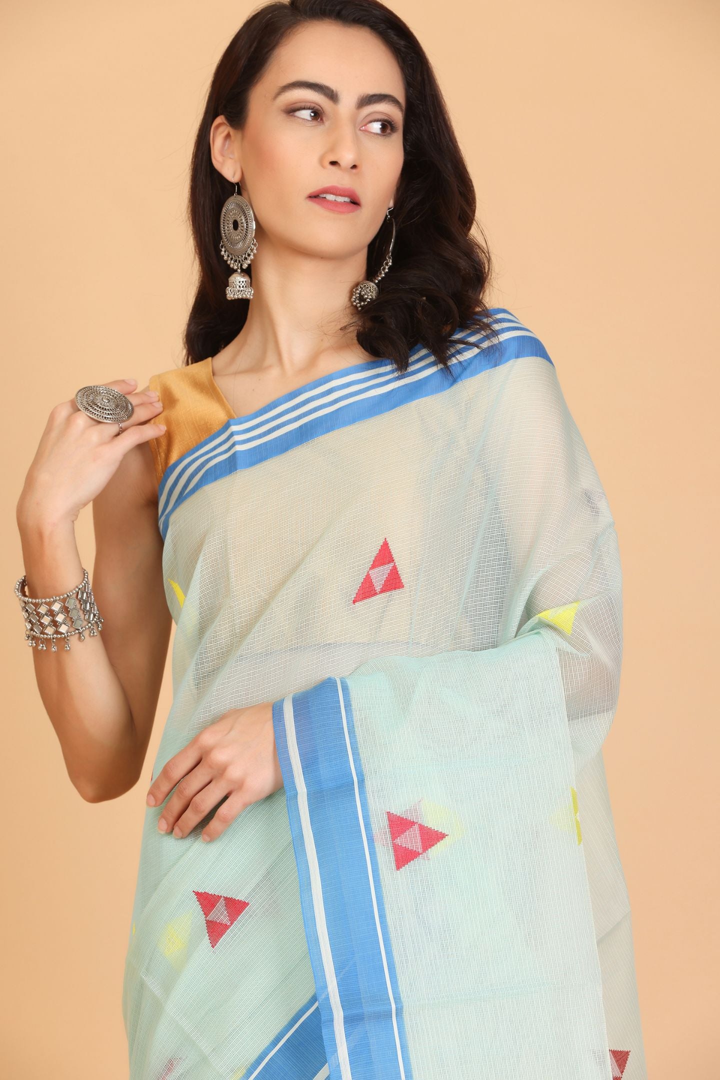 Blue Handwoven Kota Doria Cotton Saree with Multicolor Geometric Motif