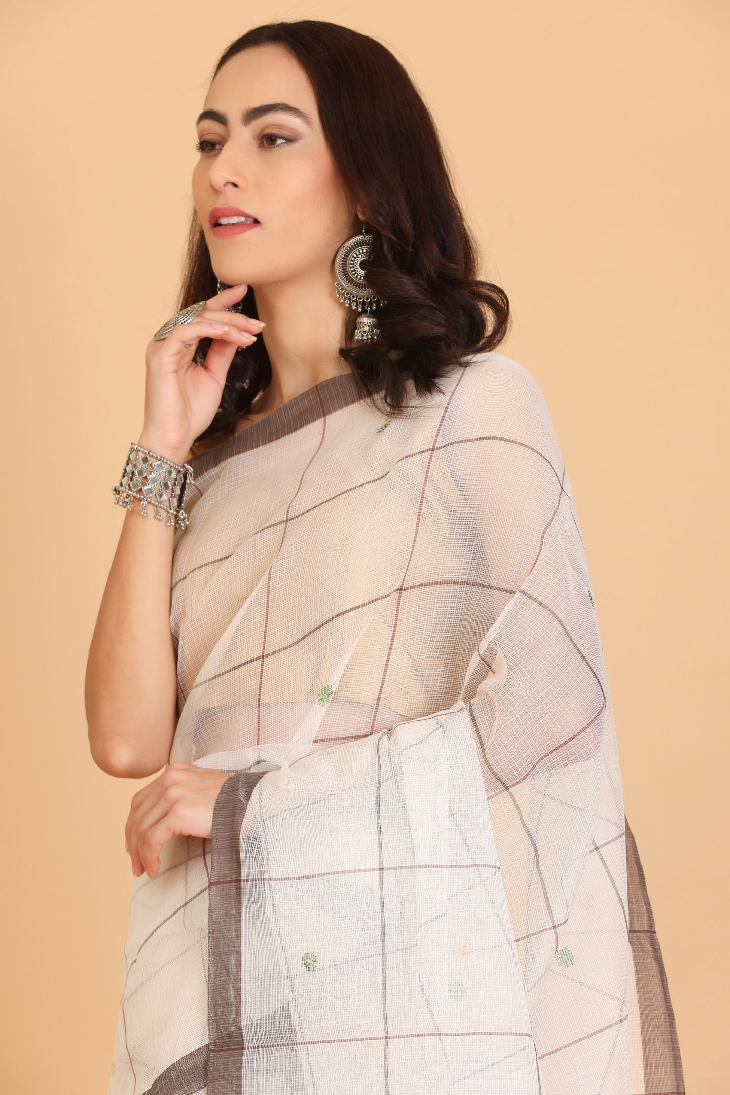 White Handwoven Kota Doria Cotton Saree with Small Green Buti