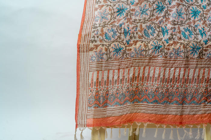 Handwoven Stole with Floral Motifs, Natural Dyes, and Ornate Striped Borders