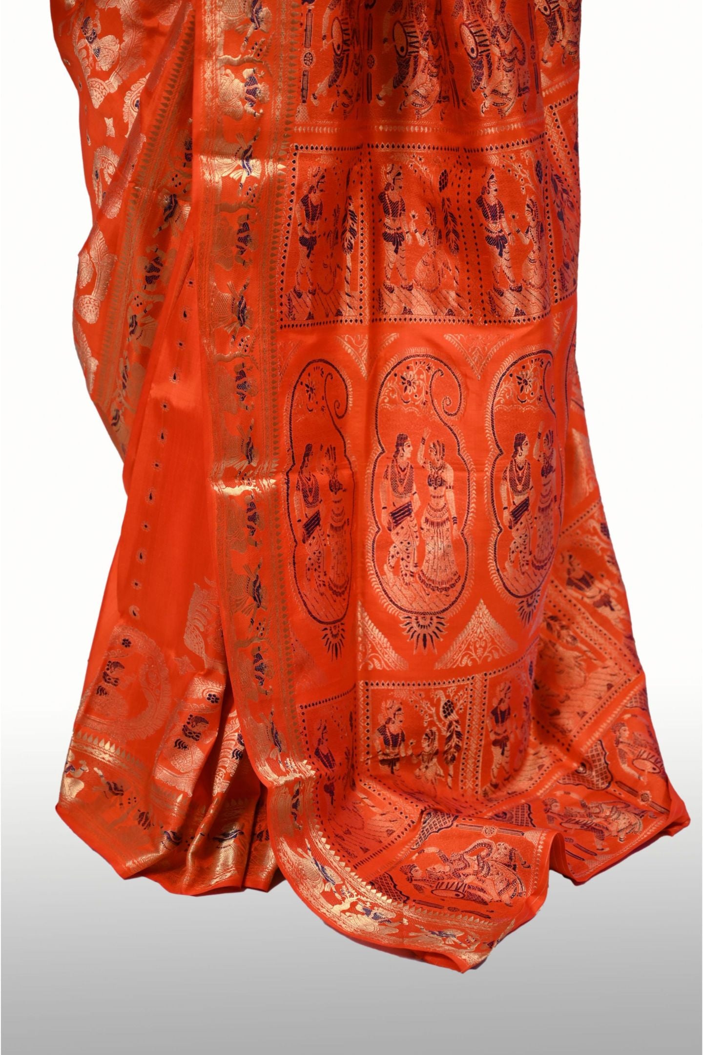 Gold Zari Orange Color Baluchari Saree with Temple Design