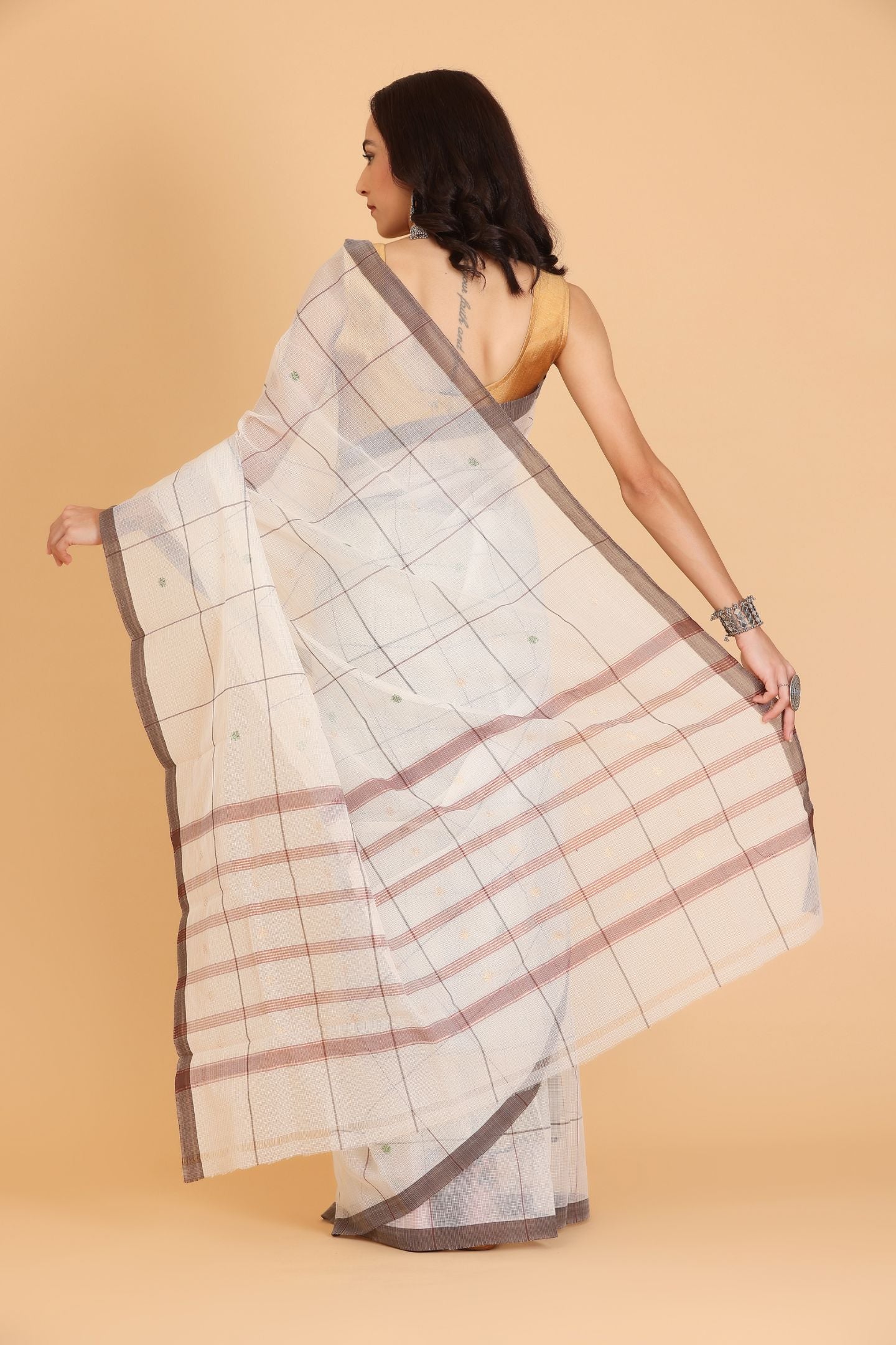 White Handwoven Kota Doria Cotton Saree with Small Green Buti