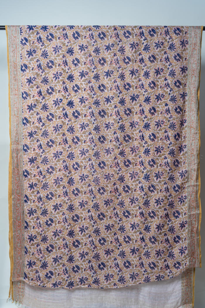 Bhagalpur Handwoven Saree with Natural Dyes, Featuring Vibrant Floral Prints and an Elegantly Detailed Border