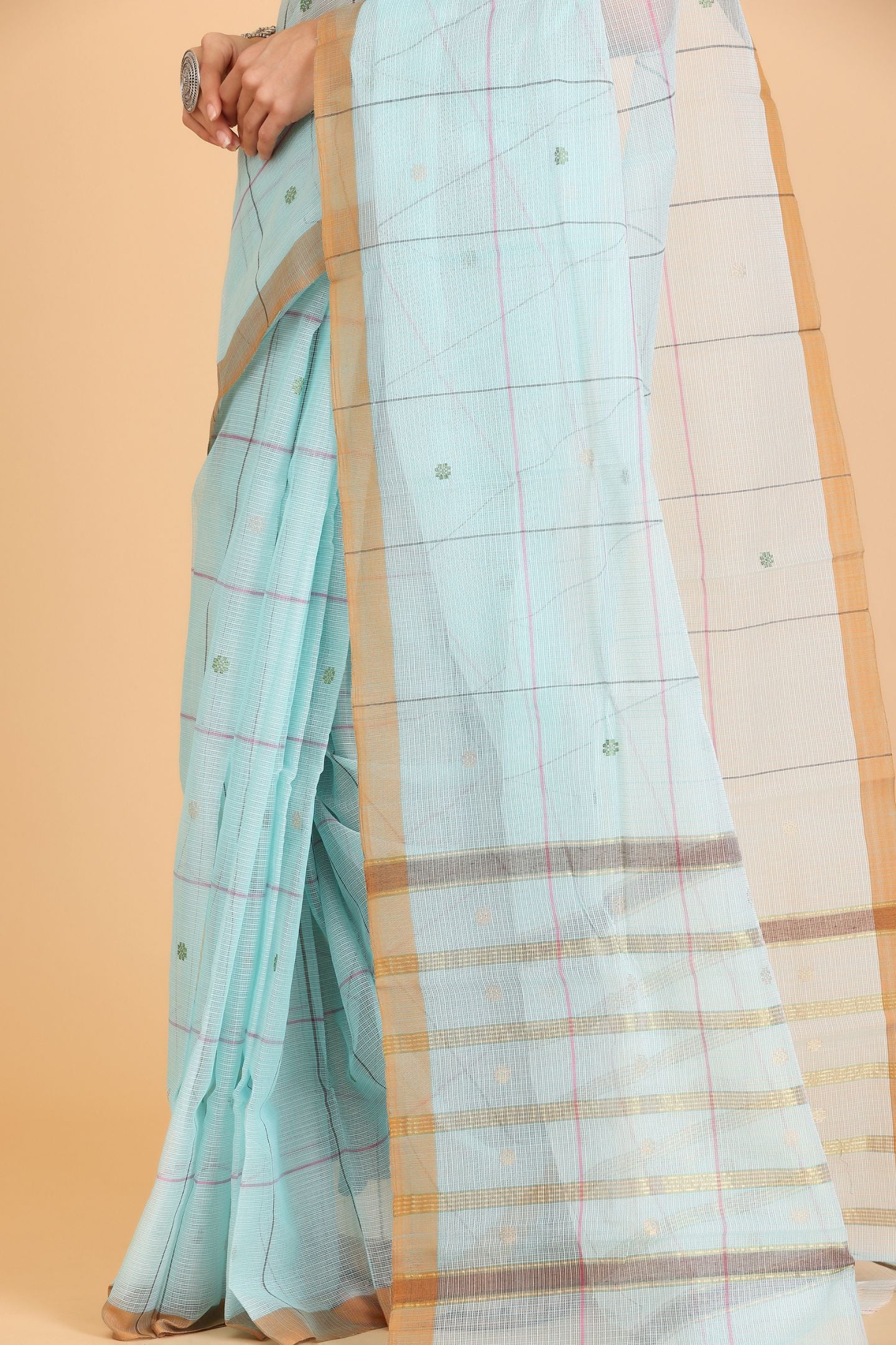 Blue Handwoven Kota Doria Cotton Saree with Small Buti