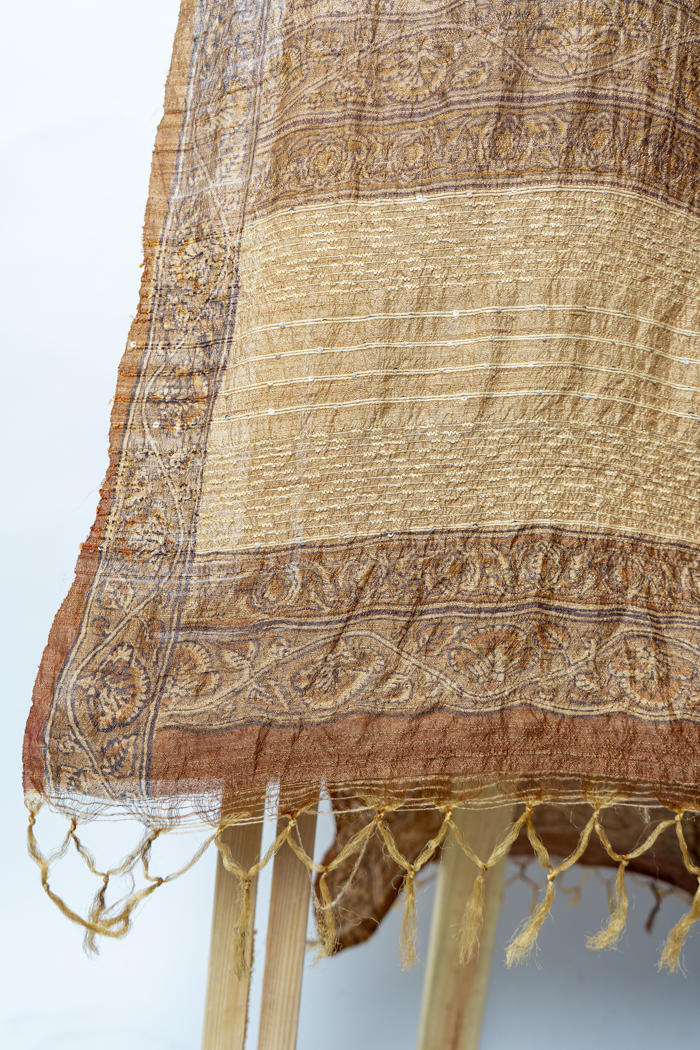 Handwoven Stole with Intricate Floral Patterns, Natural Dyes, and Broad Contrasting Striped Borders