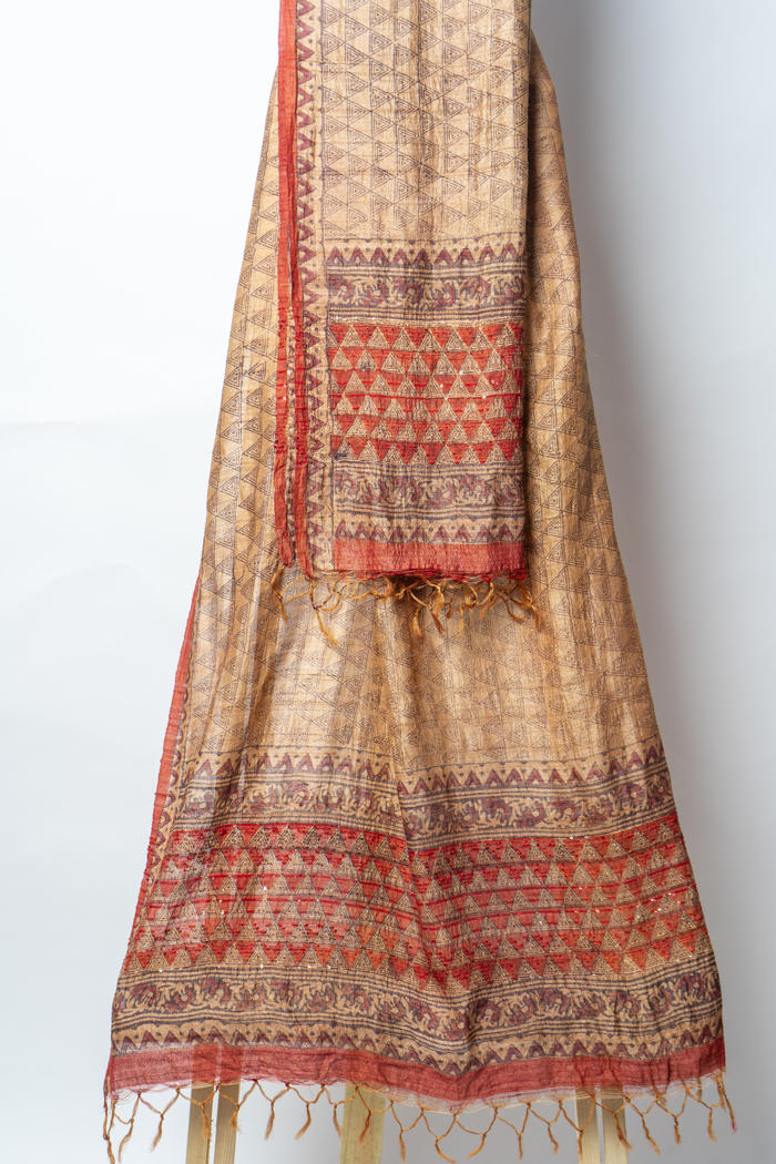 Geometric Block Printed Suit with Ornate Detailing and Elegant Handcrafted Dupatta