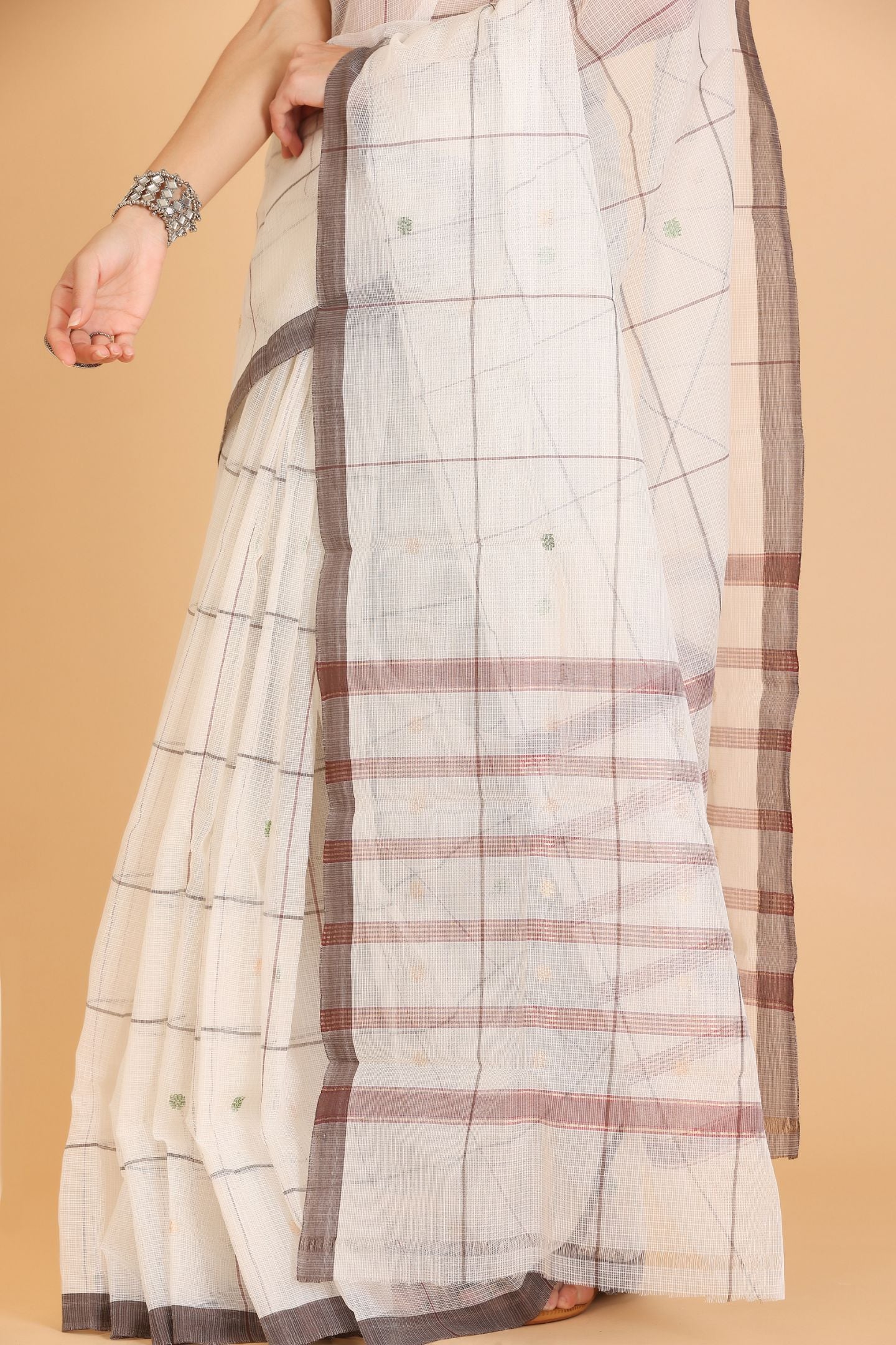 White Handwoven Kota Doria Cotton Saree with Small Green Buti