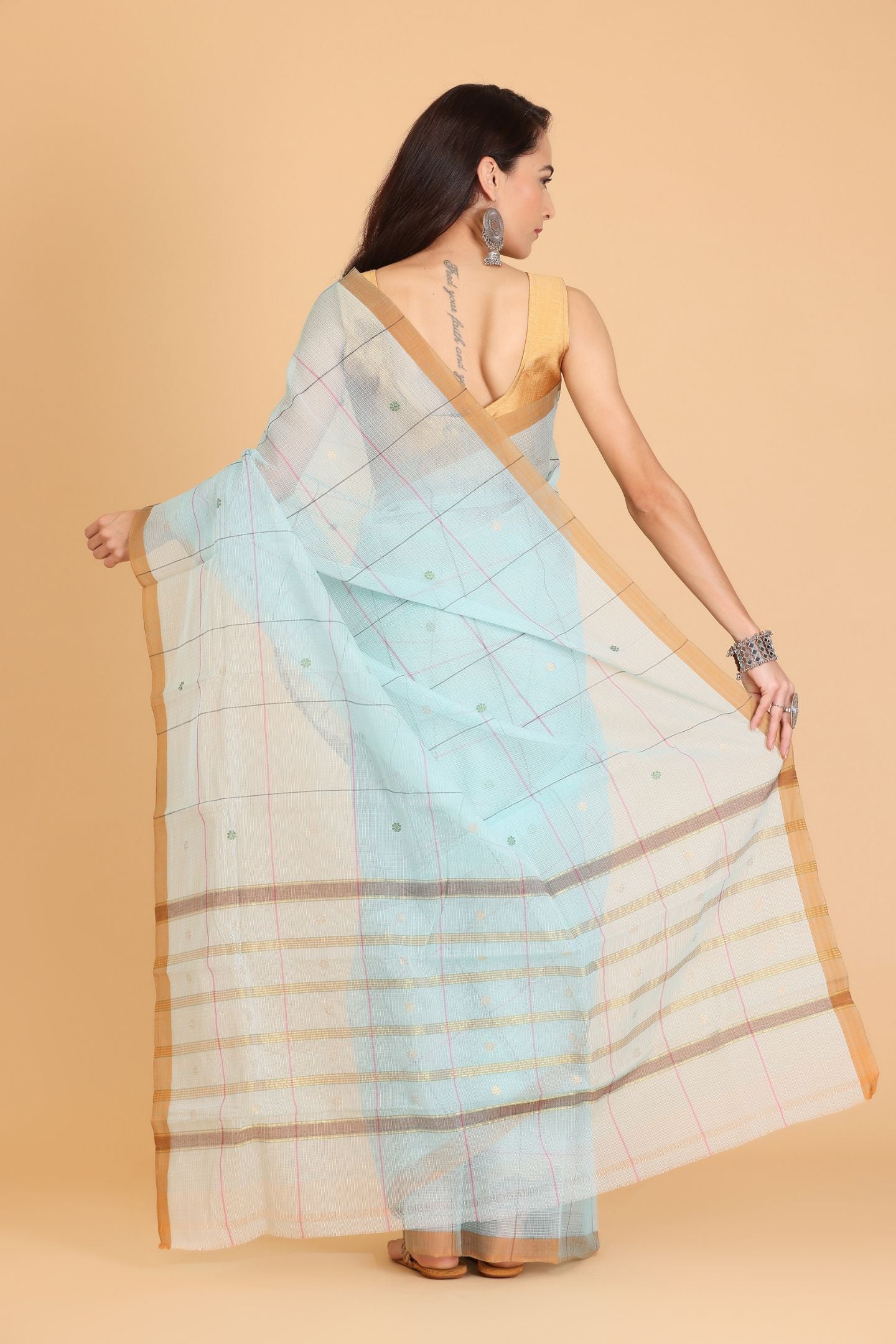 Blue Handwoven Kota Doria Cotton Saree with Small Buti