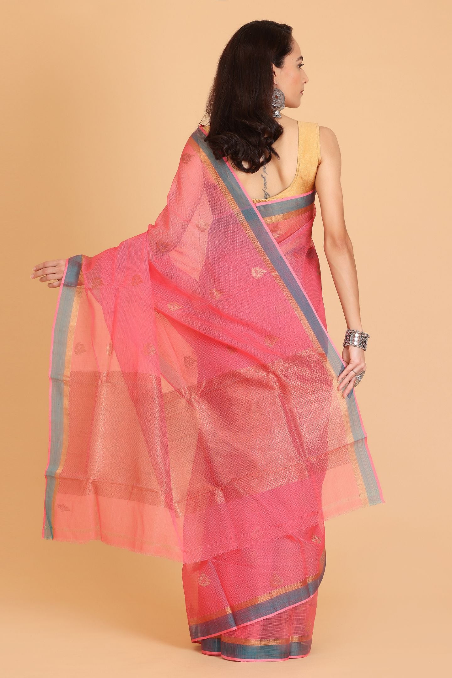 Red Handwoven Kota Doria Cotton Saree with Floral Art Motif