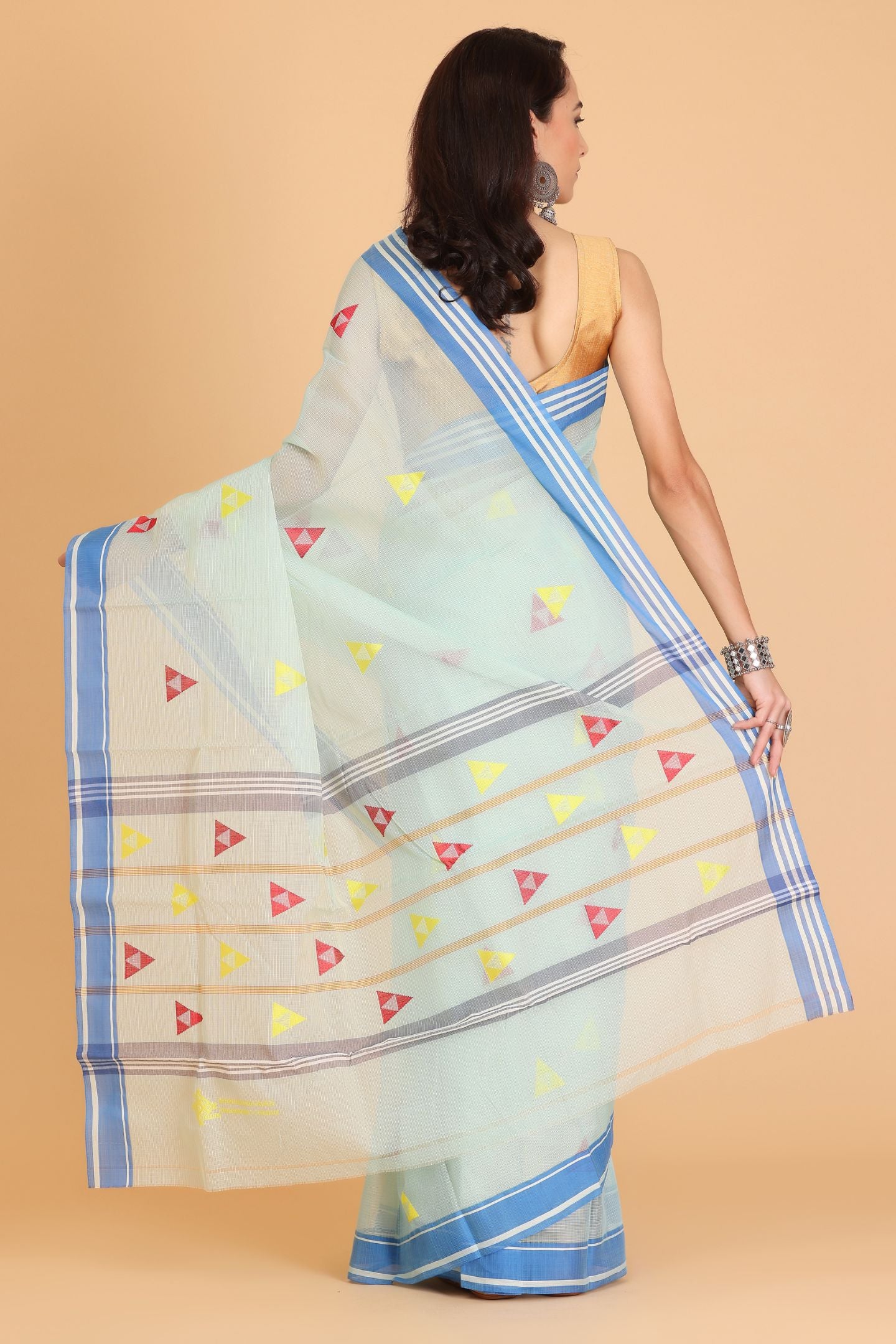 Blue Handwoven Kota Doria Cotton Saree with Multicolor Geometric Motif