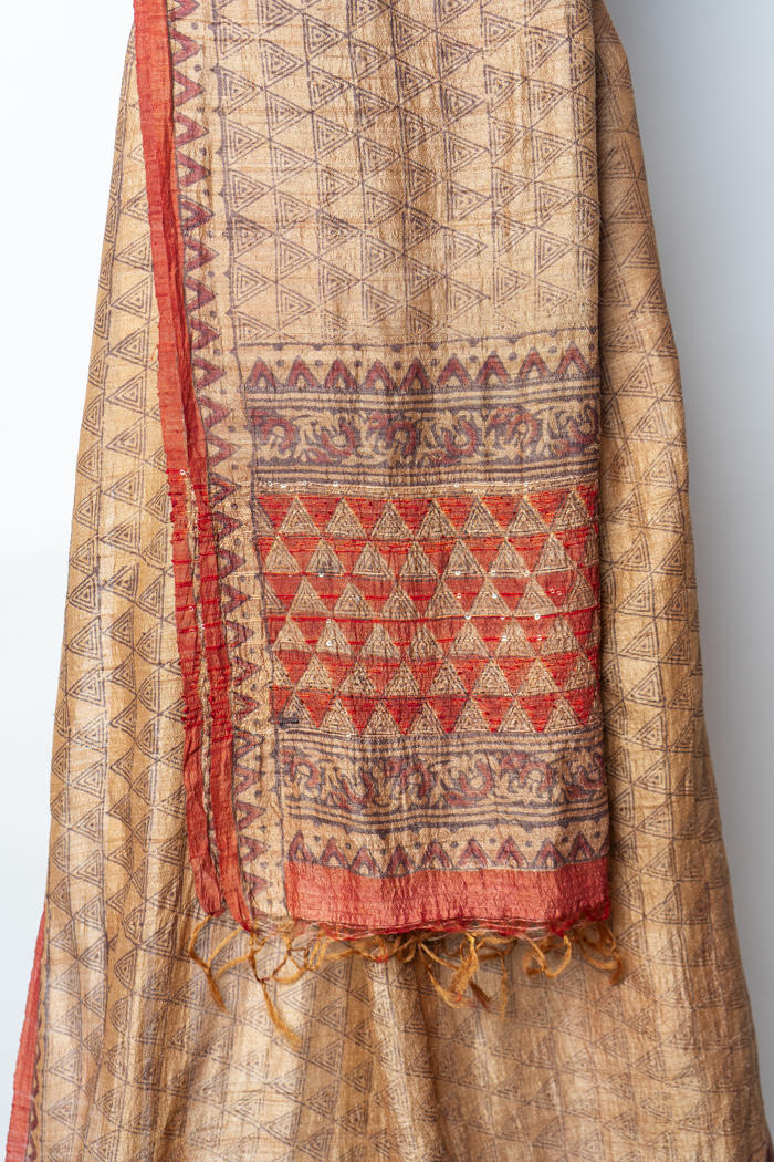 Geometric Block Printed Suit with Ornate Detailing and Elegant Handcrafted Dupatta