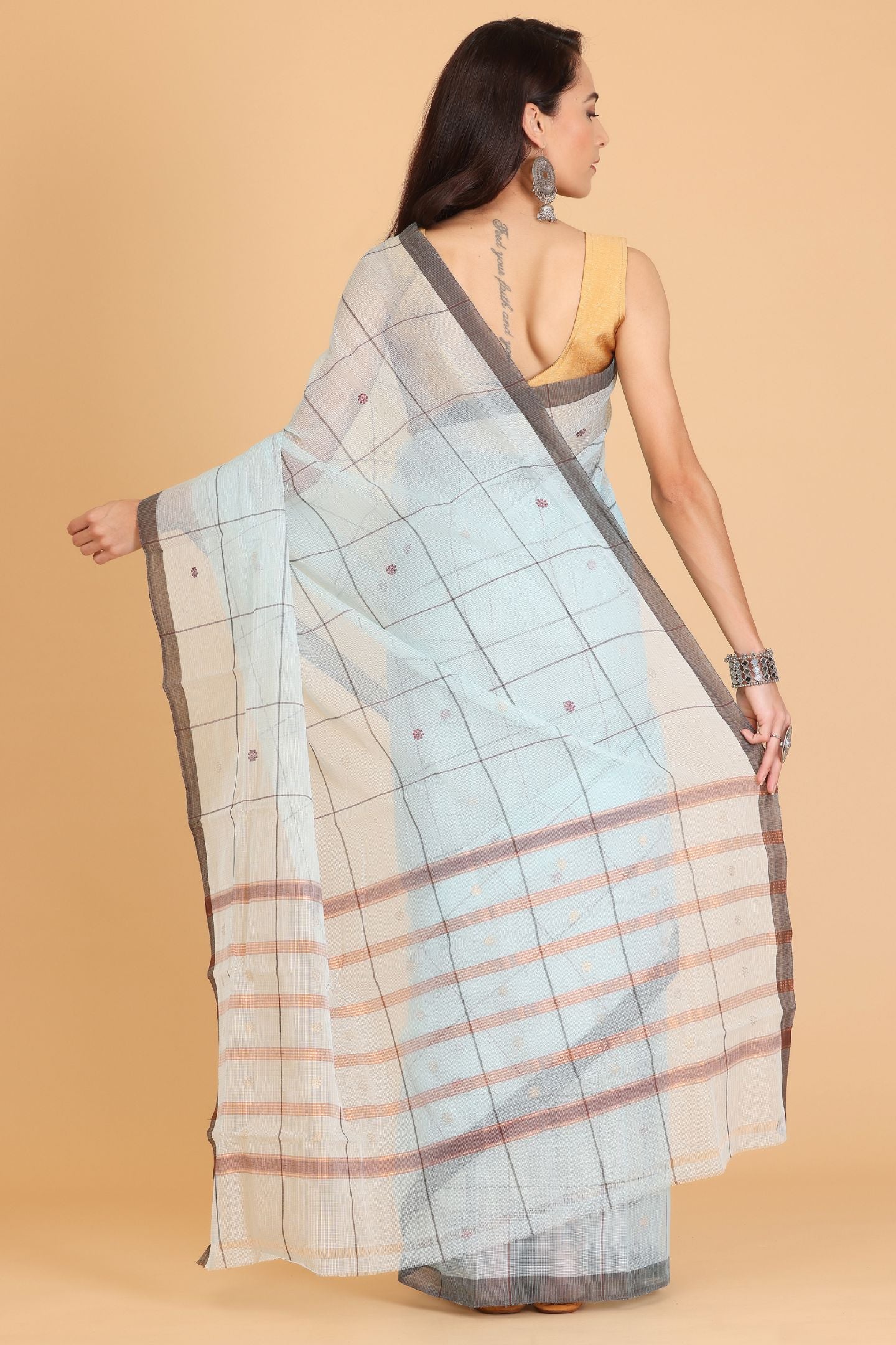 Light Blue Handwoven Kota Doria Cotton Saree with Small Buti