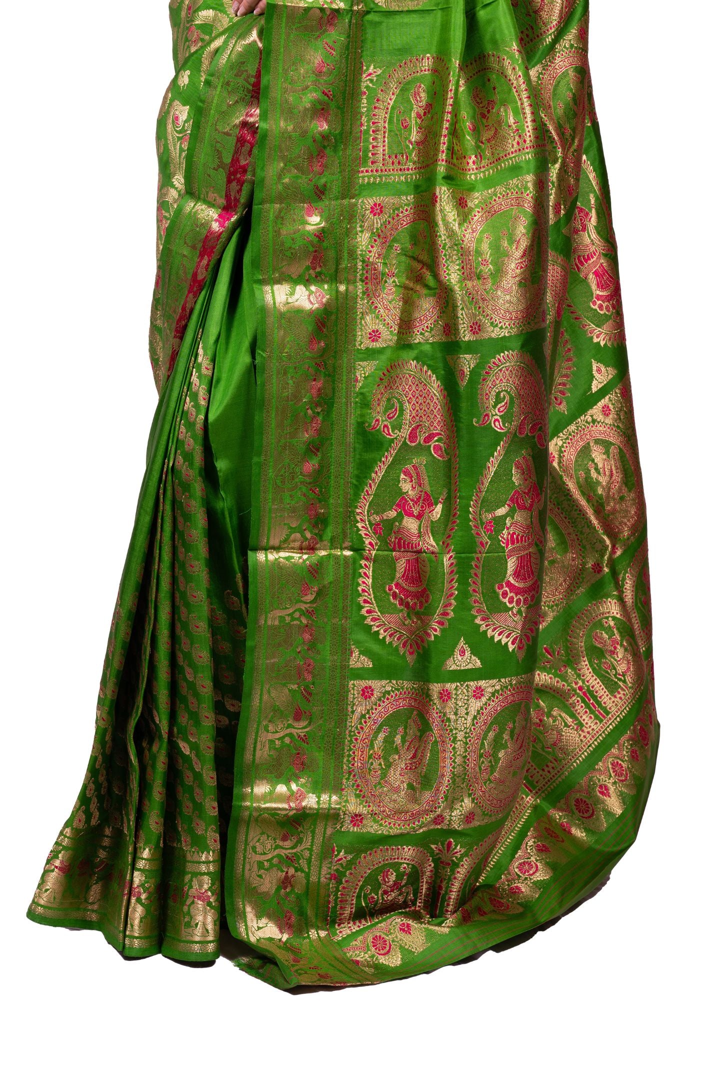 Beautiful Olive Green Baluchari Saree with Gold Zari Buti & Mythological Motifs
