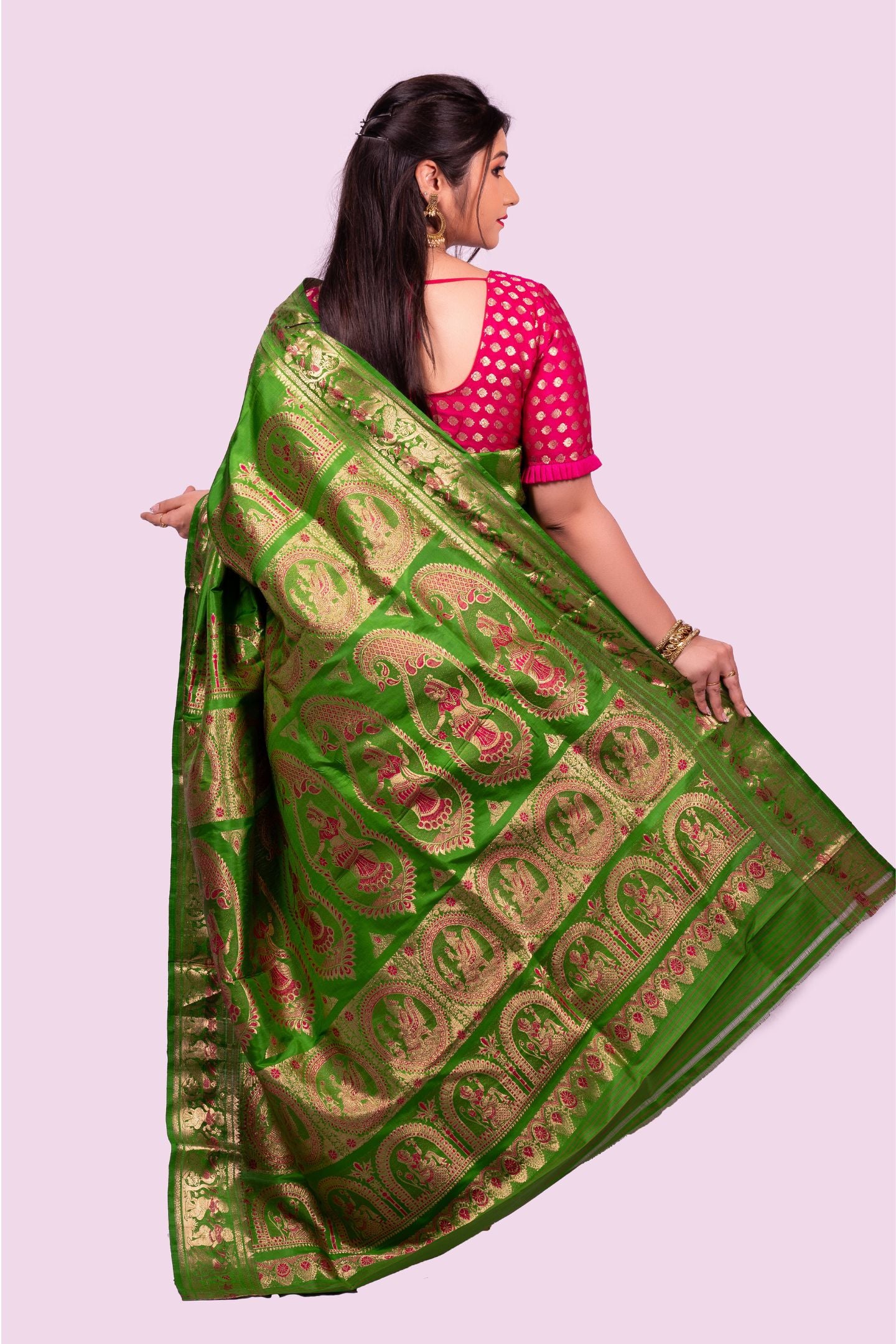 Beautiful Olive Green Baluchari Saree with Gold Zari Buti & Mythological Motifs