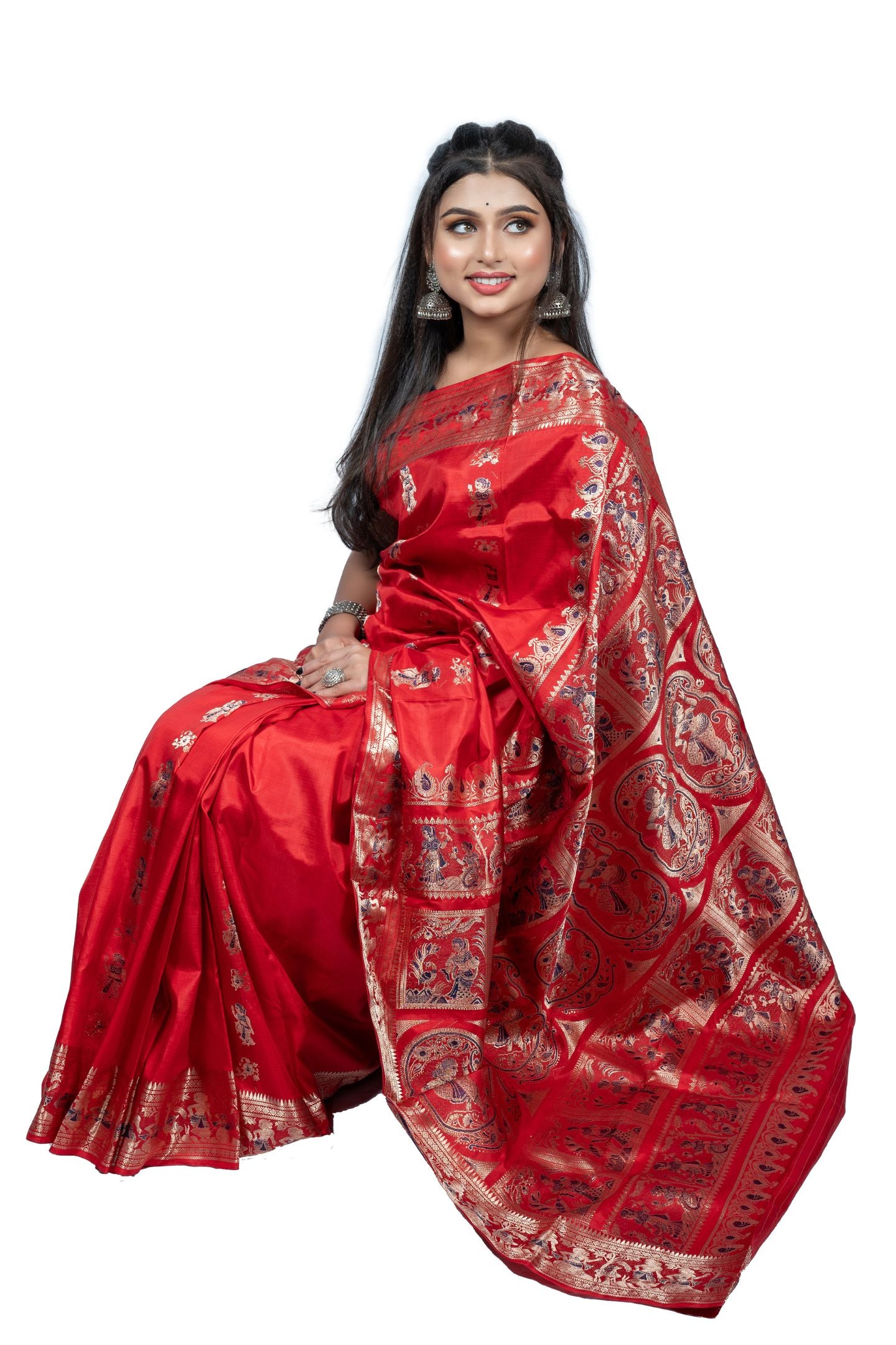 Beautiful Red Baluchari Saree with Gold Zari Mythological Figure Motifs