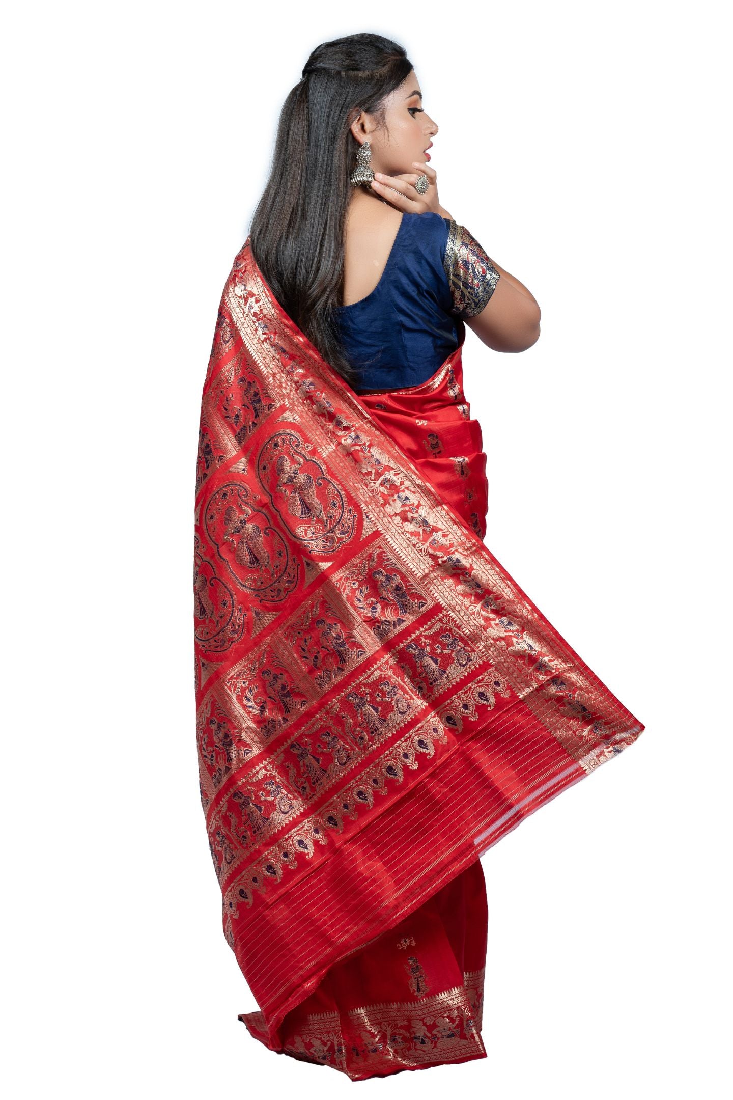 Beautiful Red Baluchari Saree with Gold Zari Mythological Figure Motifs