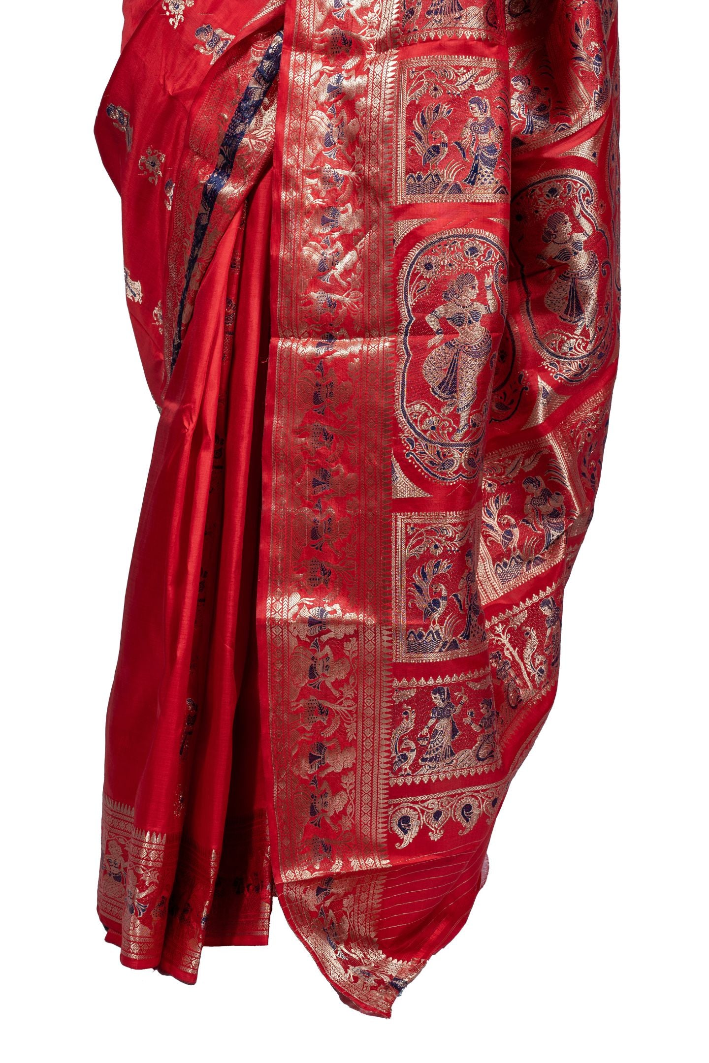 Beautiful Red Baluchari Saree with Gold Zari Mythological Figure Motifs