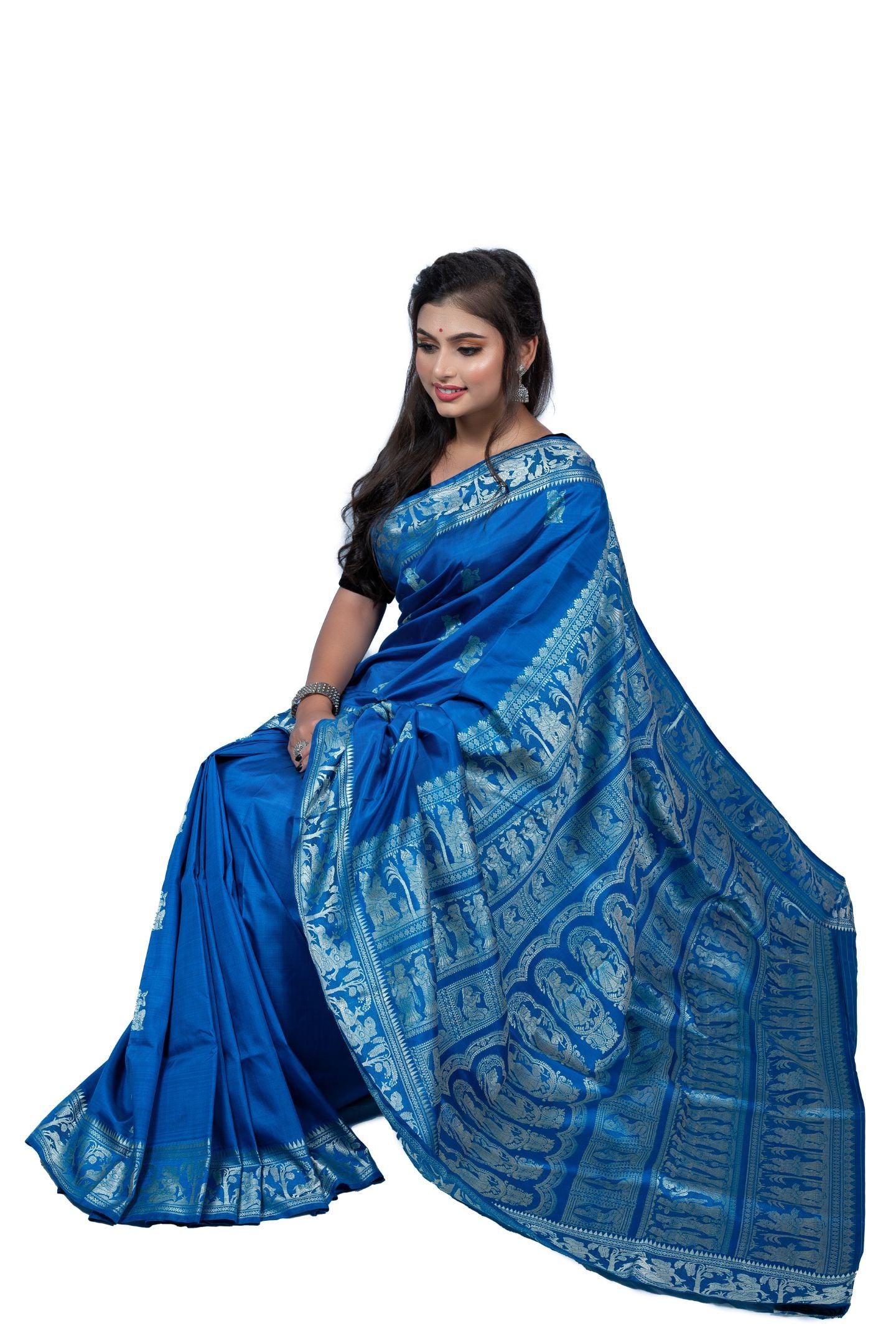 Blue Resham Baluchari Saree With Ancient Epics Figure Motif