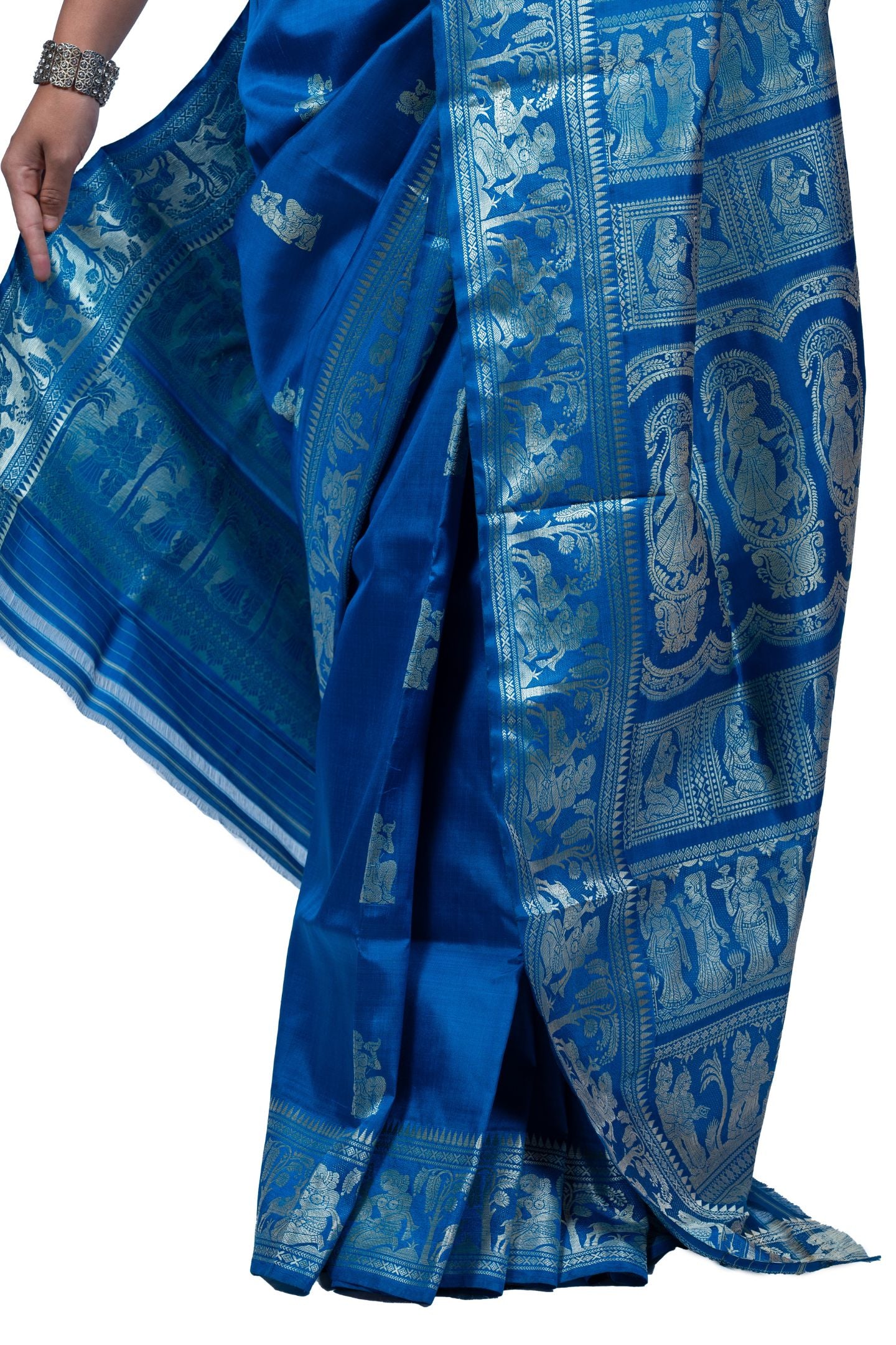 Blue Resham Baluchari Saree With Ancient Epics Figure Motif