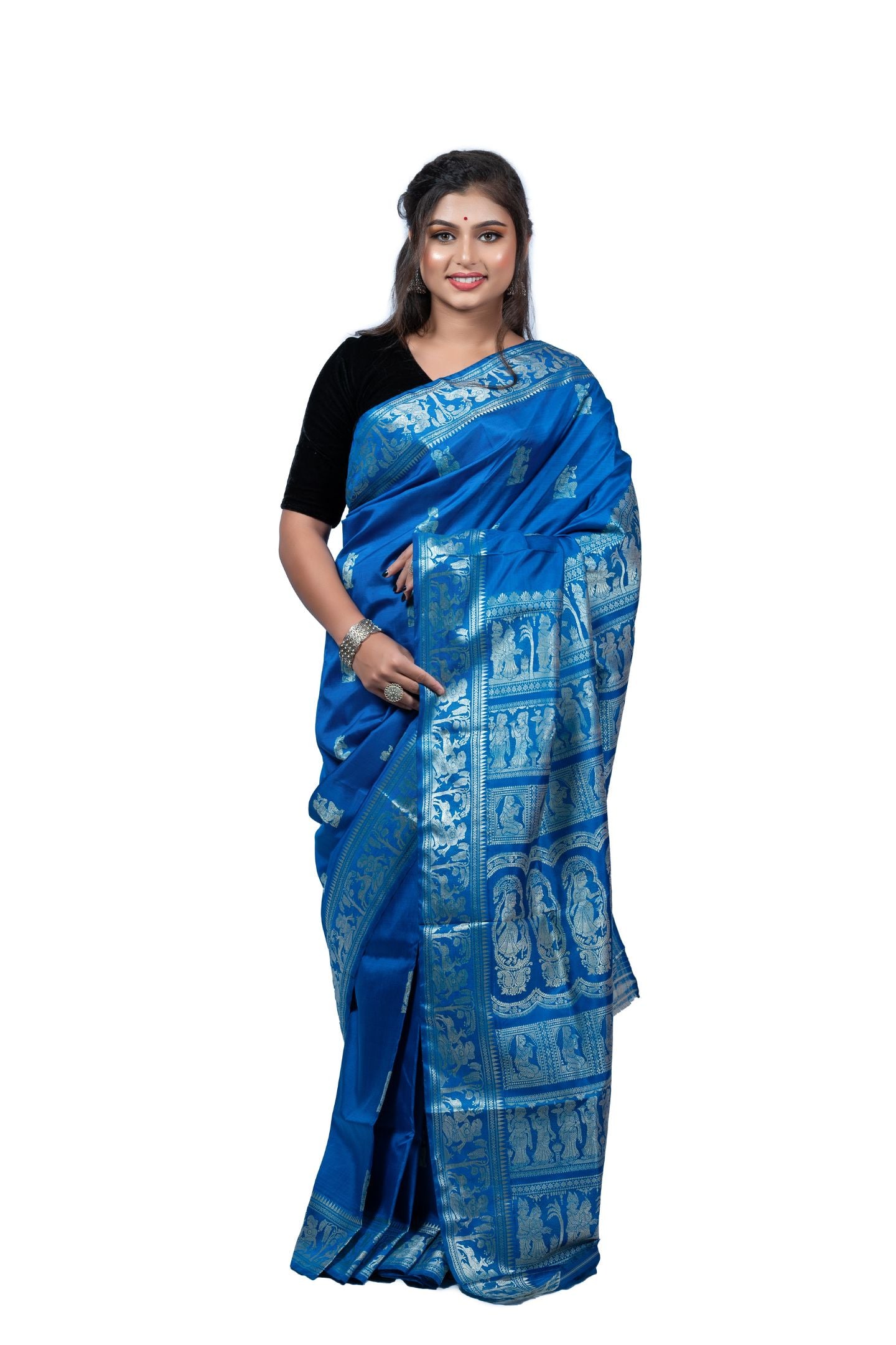 Blue Resham Baluchari Saree With Ancient Epics Figure Motif