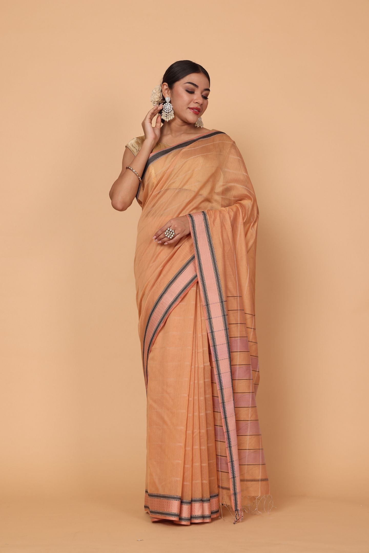 Dark Peach Cotton and Silk Maheshwari Handloom Saree