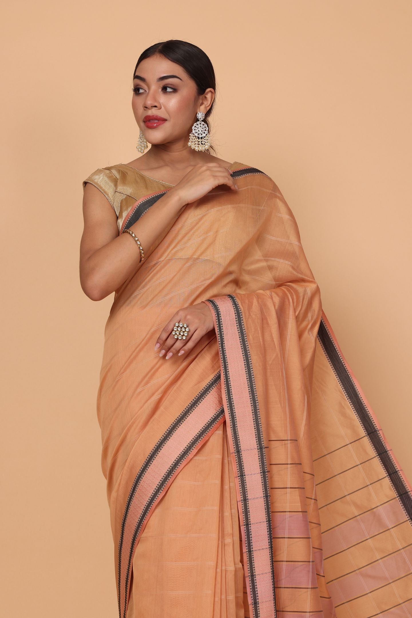 Dark Peach Cotton and Silk Maheshwari Handloom Saree
