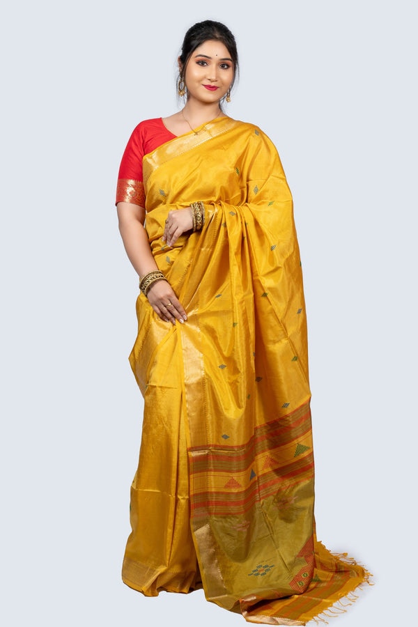 Elegant Gold Kalakhetra Silk Saree with Buti & Peacock Pallu