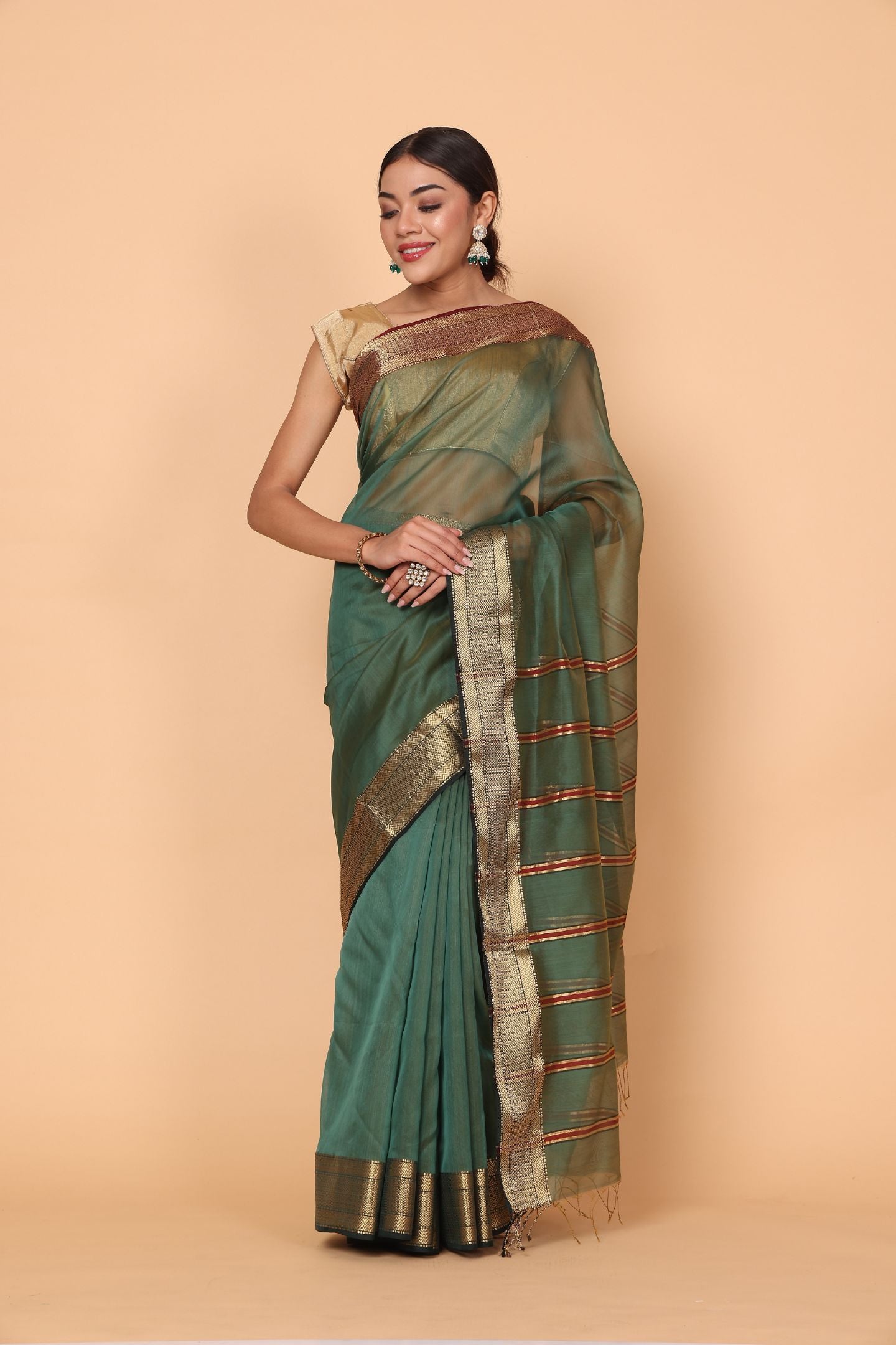 Emerald Chameli Bloom Cotton and Silk Maheshwari Handloom Saree