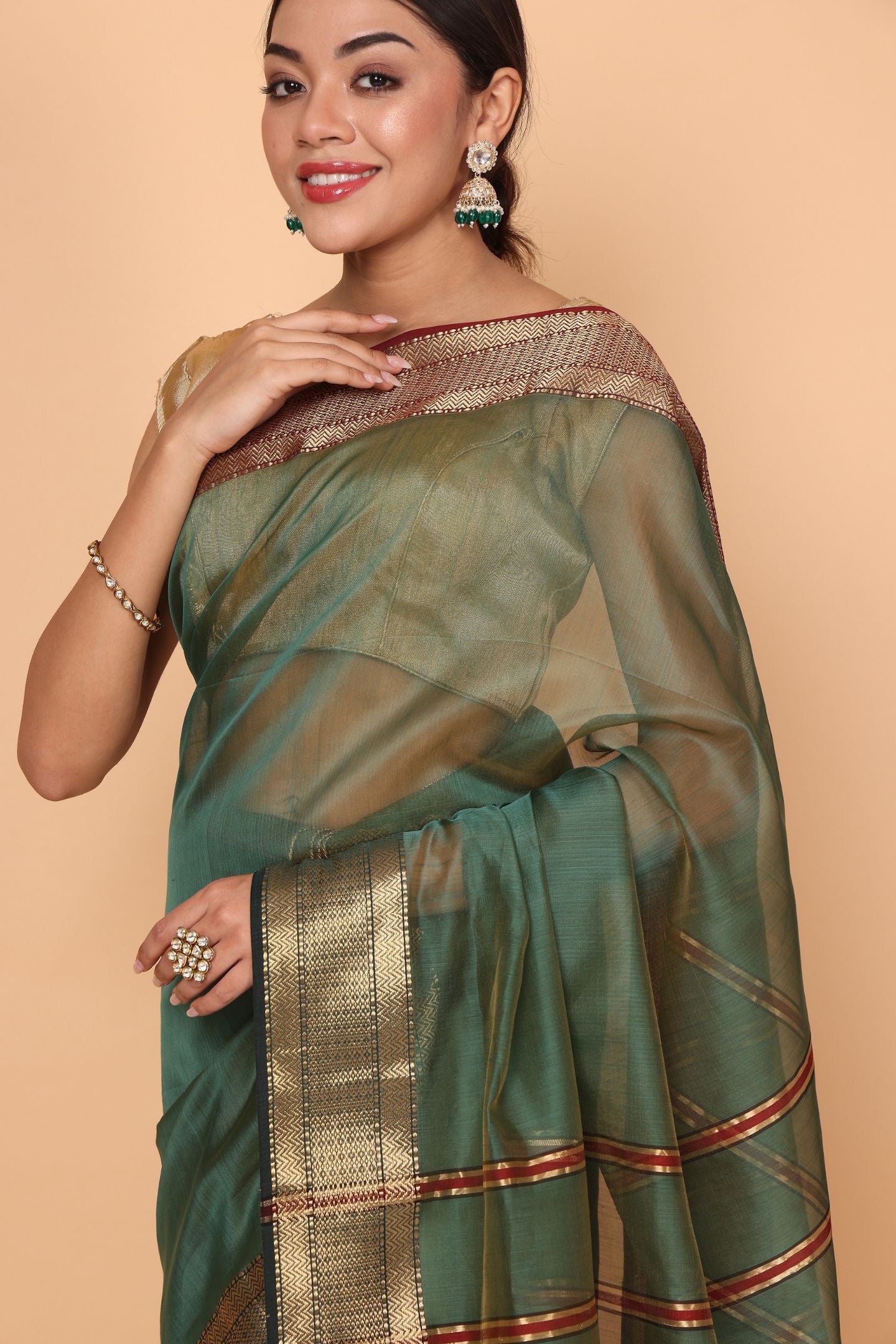 Emerald Chameli Bloom Cotton and Silk Maheshwari Handloom Saree