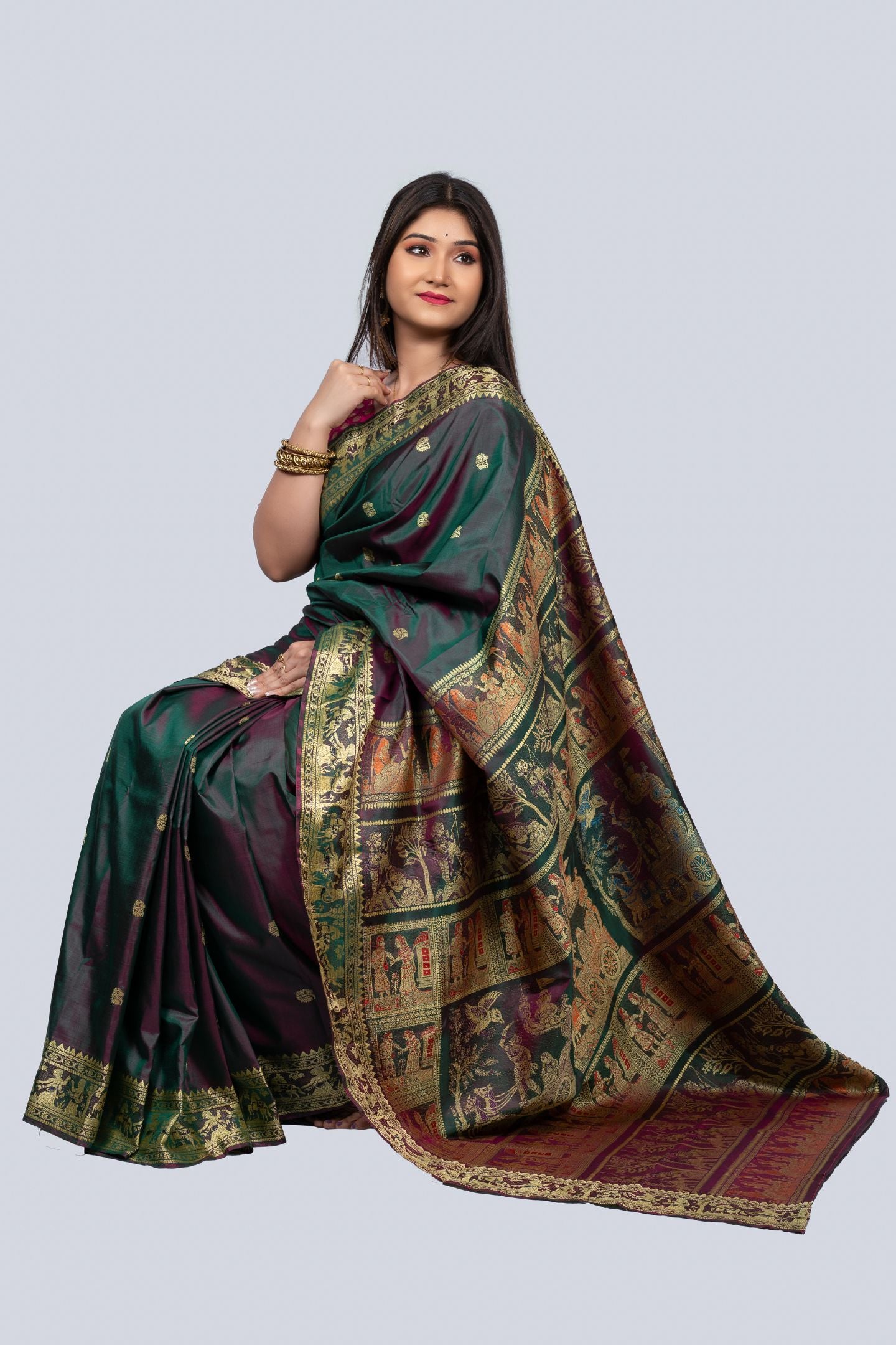 Enchanting Pastel Green Golani Buti Baluchari Saree with Gold Zari Mythological Figures and Graceful Green Hue