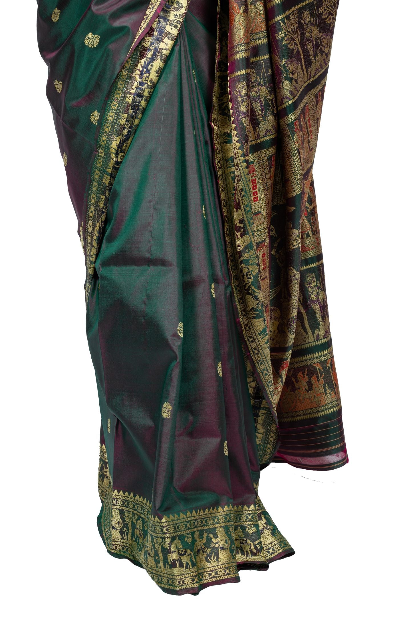 Enchanting Pastel Green Golani Buti Baluchari Saree with Gold Zari Mythological Figures and Graceful Green Hue